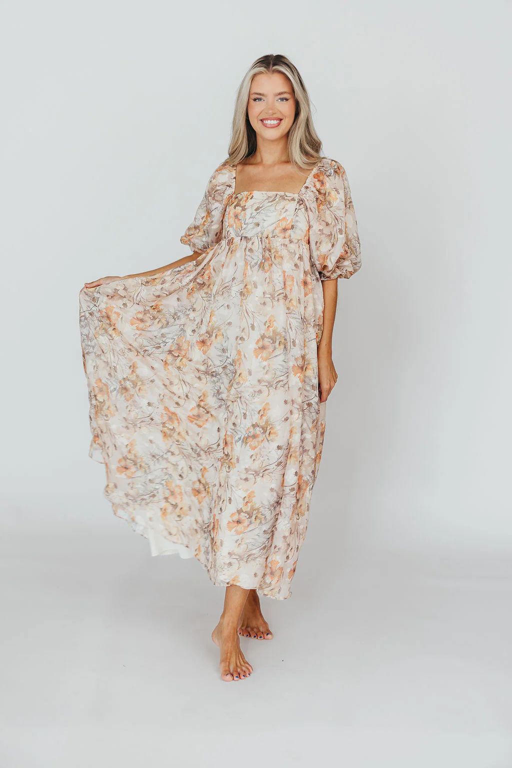 *New* Mona Maxi Dress with Smocking in Beige Multi - Bump Friendly & Inclusive Sizing (S-3XL) - Fashionser