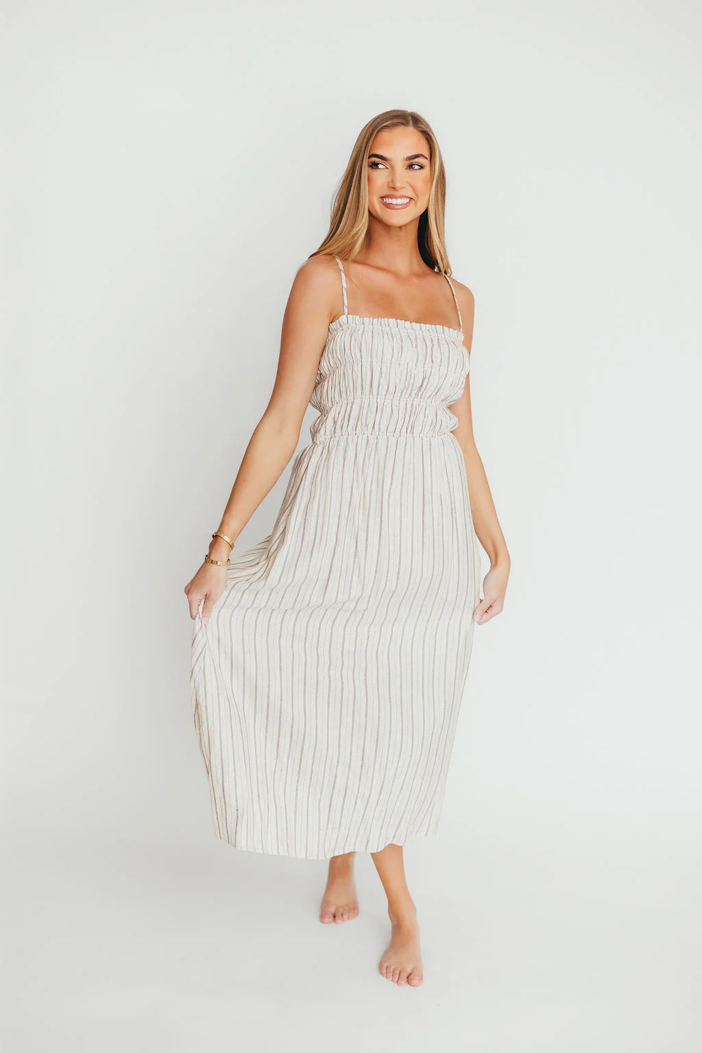 Riley Striped Linen Midi Dress in Ivory - Fashionser