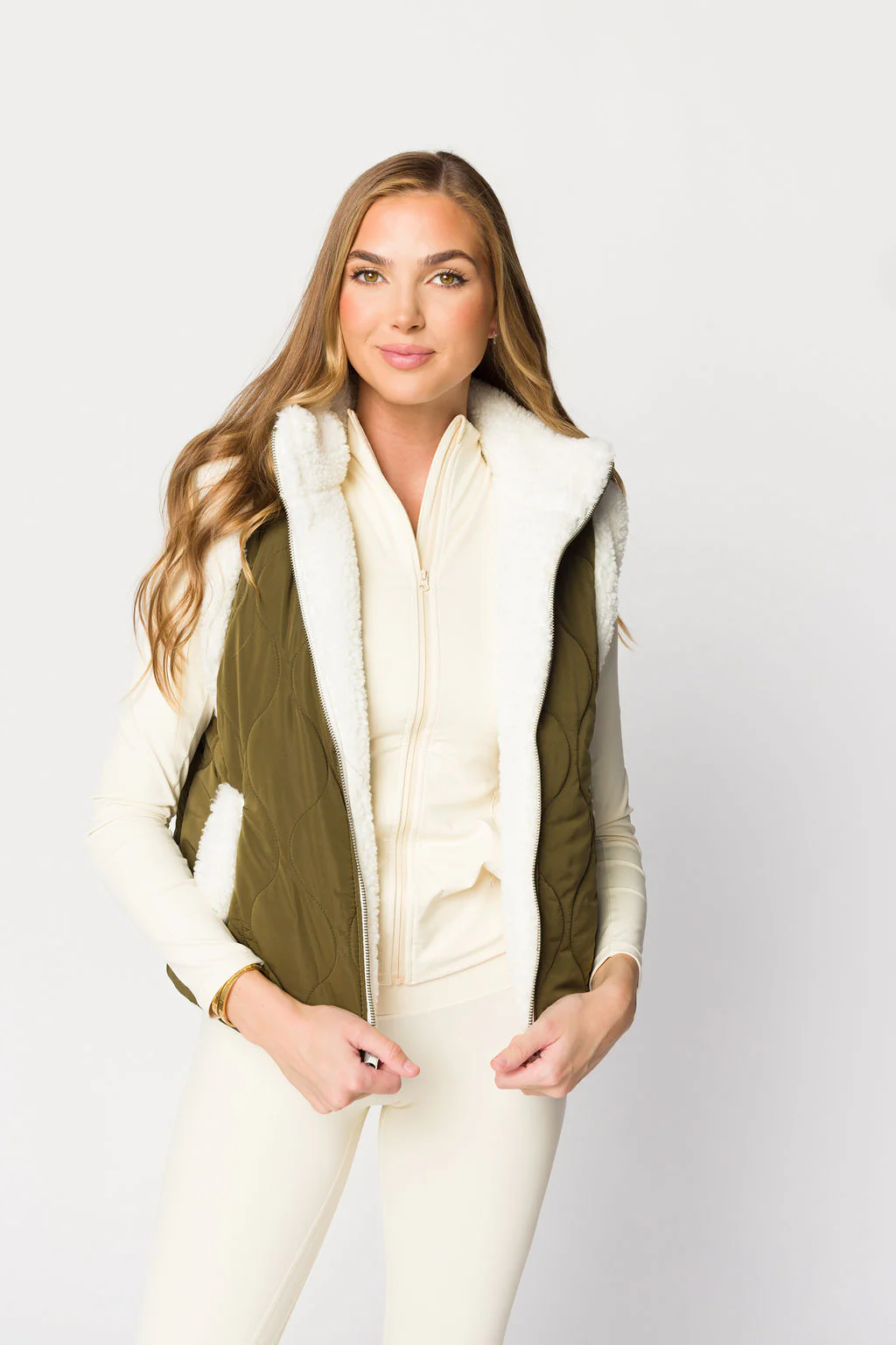 Dani Reversible Vest in Whisper White/Olive - Fashionser