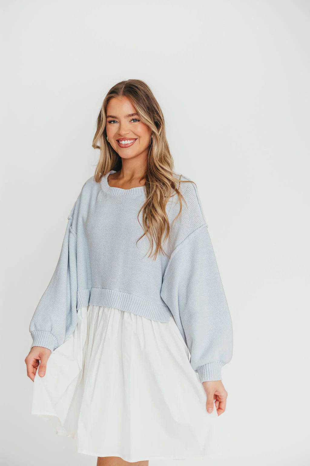 Isabella Combination Mini Dress in Light Blue/White - Fashionser