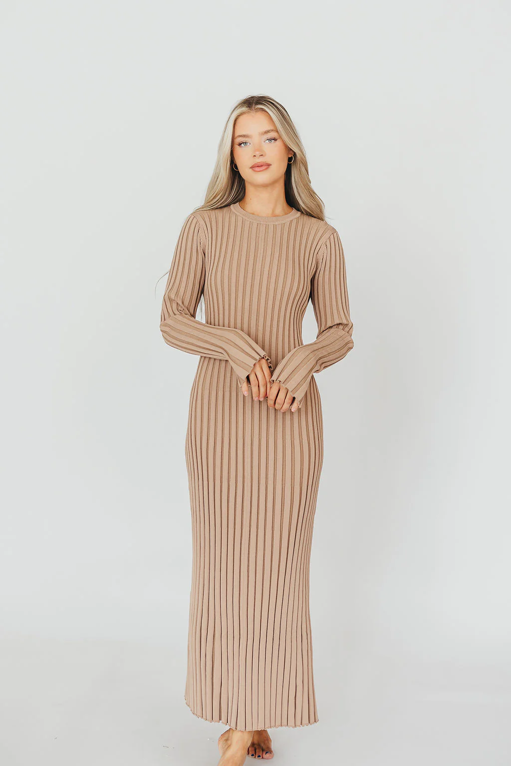 Colette Premium Long Sleeved Ribbed Knit Maxi Dress in Dark Natural - Bump Friendly - Fashionser