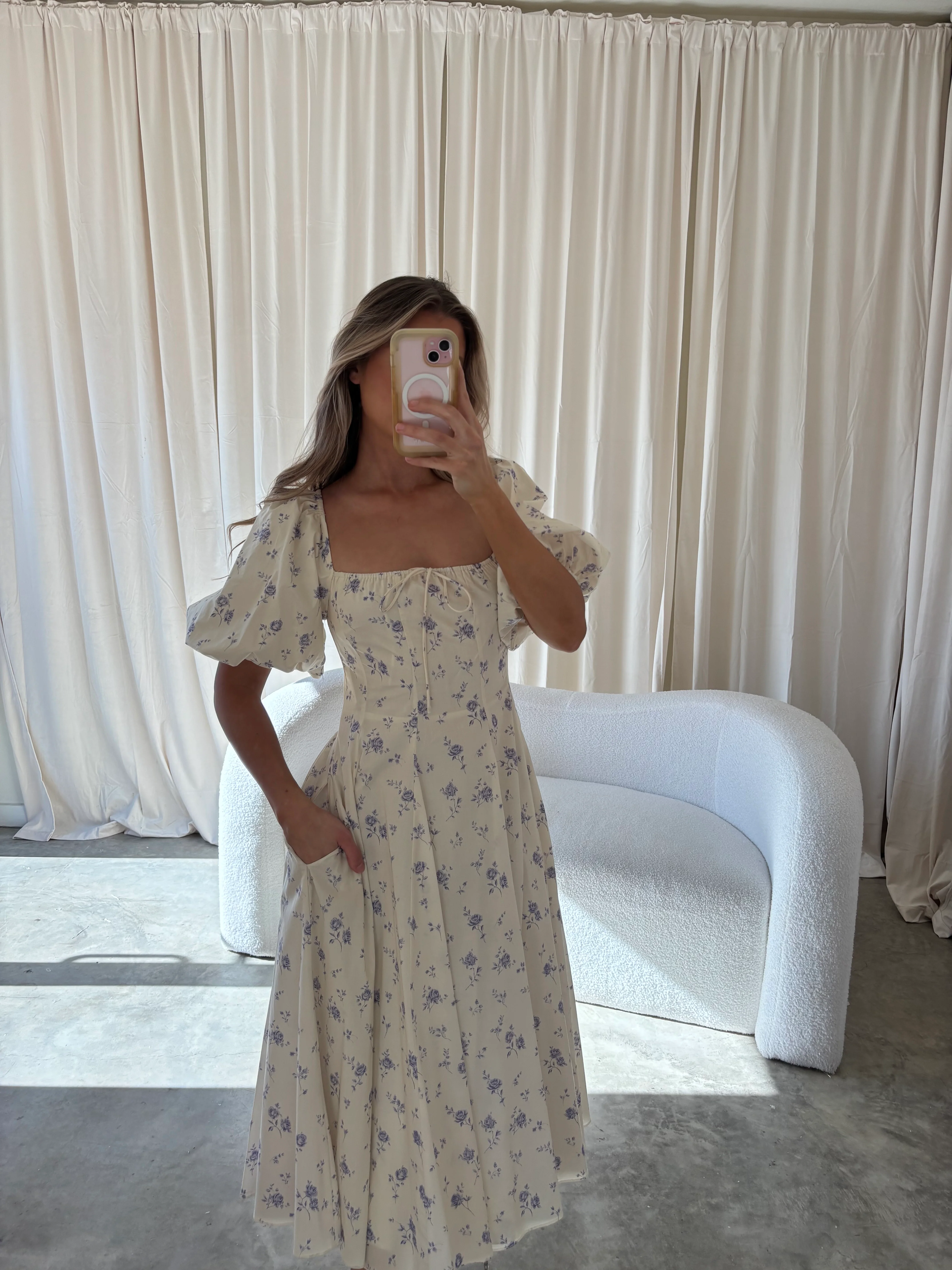 Olivia 100% Cotton Floral Printed Midi Dress in Ivory - Fashionser