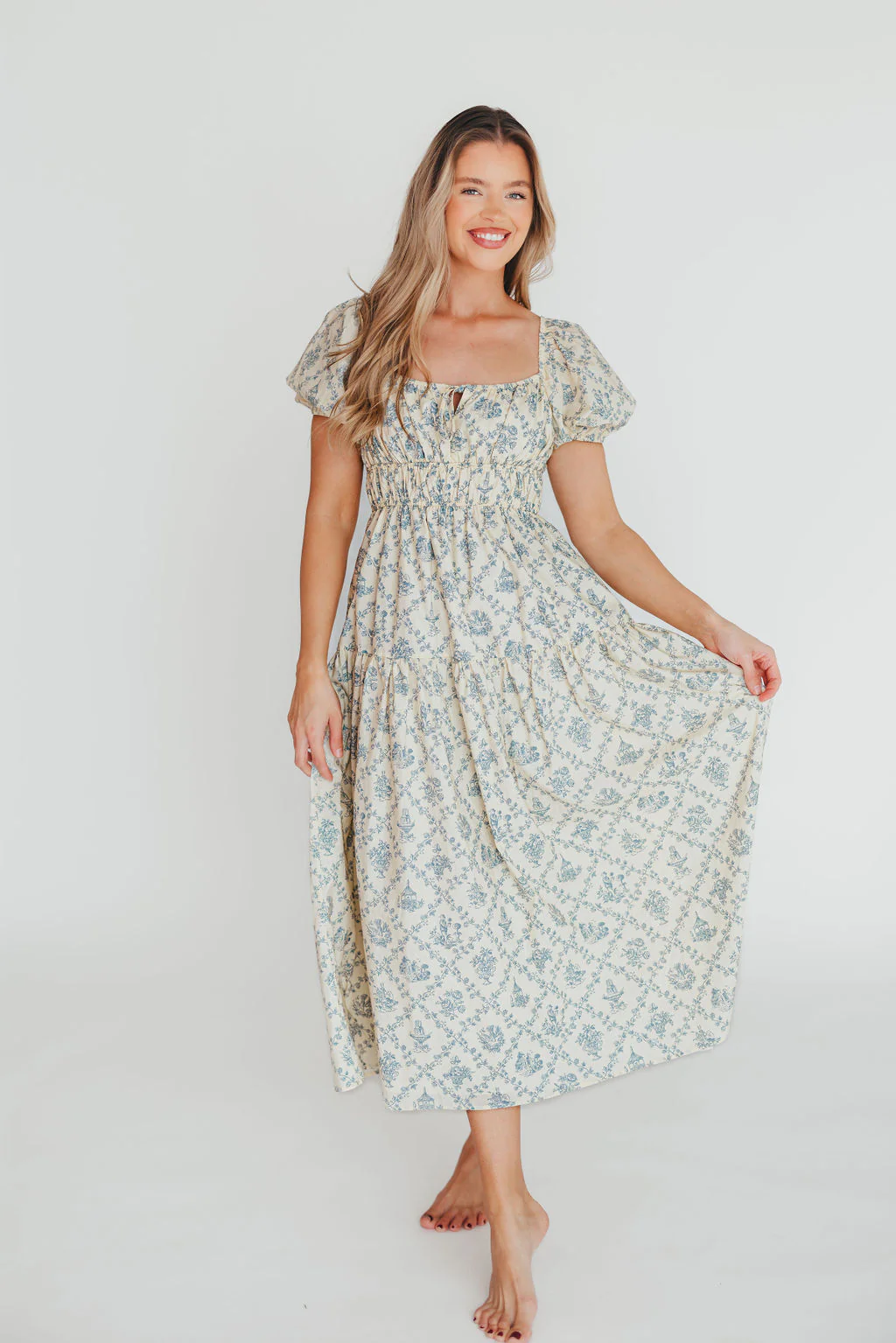 Catherine 100% Cotton Midi Dress in Cream Blue Floral - Bump Friendly & Inclusive Sizing (XS-3XL) - Fashionser