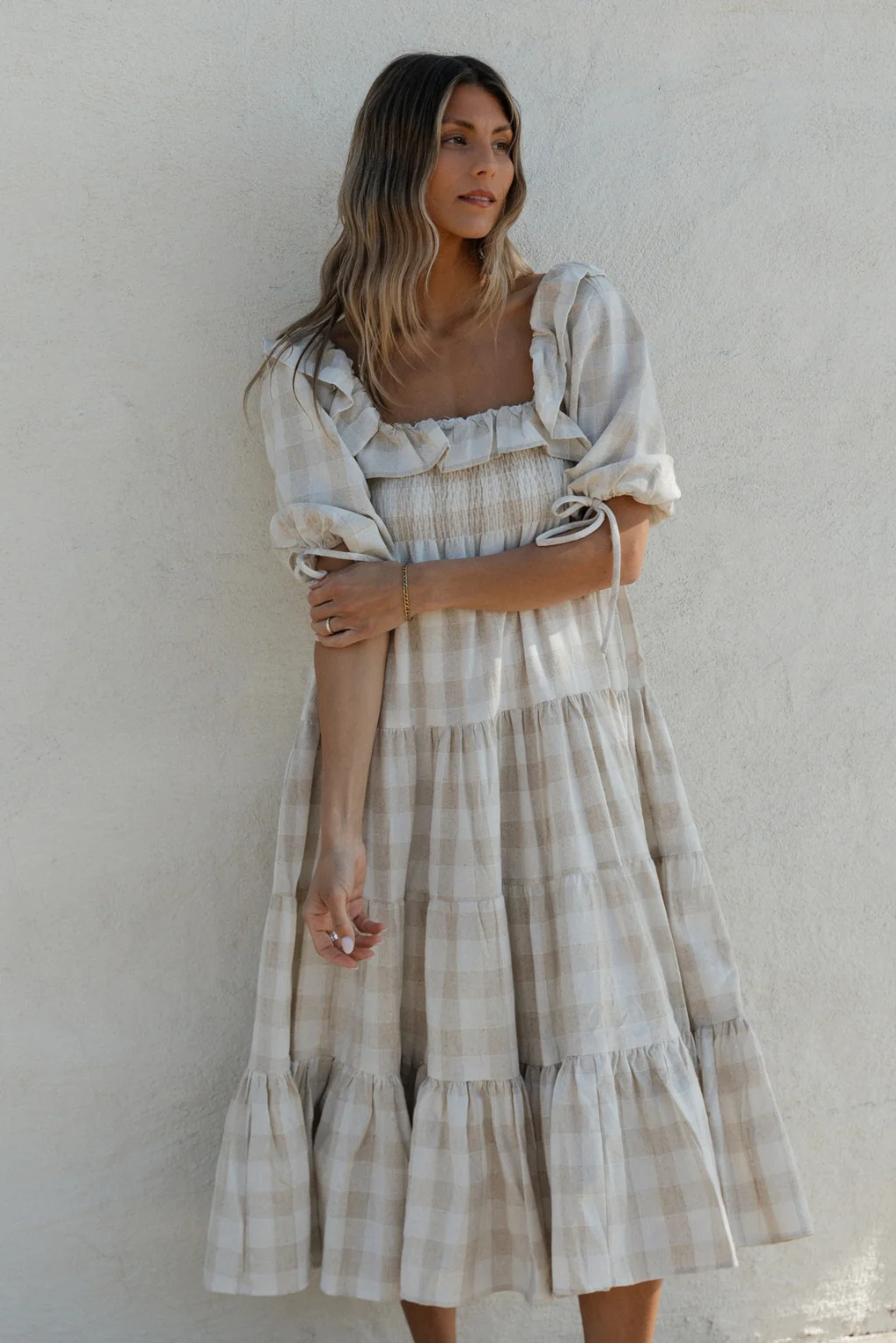Clea Dress in Natural Plaid - Bump Friendly - Fashionser
