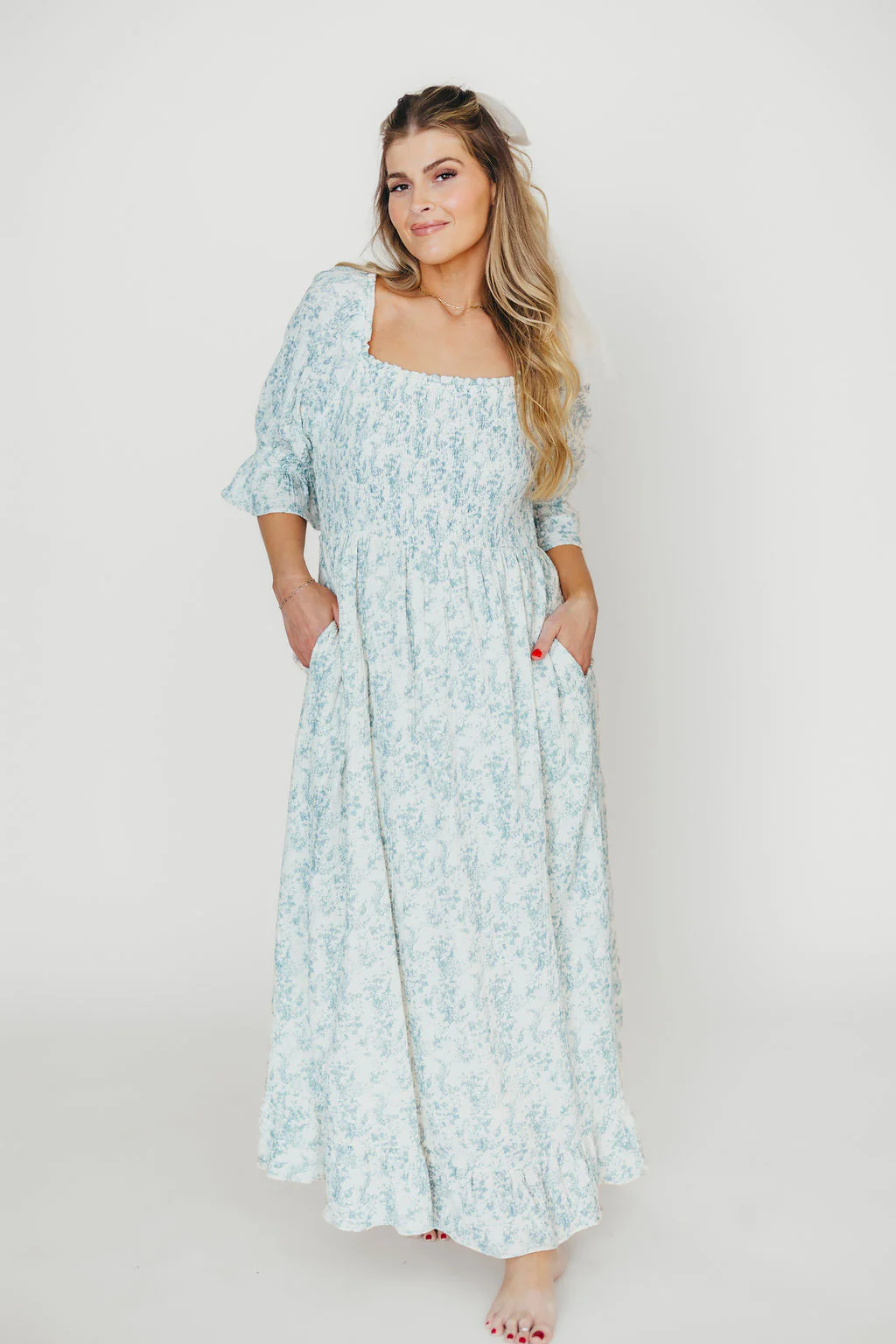 Sienna 100% Cotton Puff Sleeve Maxi Dress in Blue Floral - Bump Friendly - Fashionser