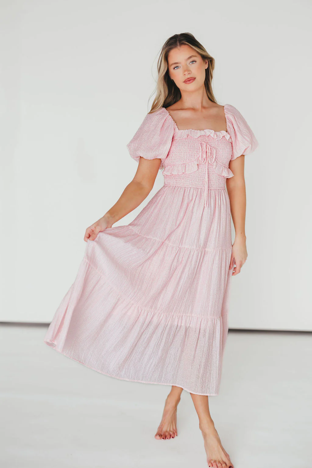 Lainey Ruffle Midi Dress in Light Pink - Fashionser