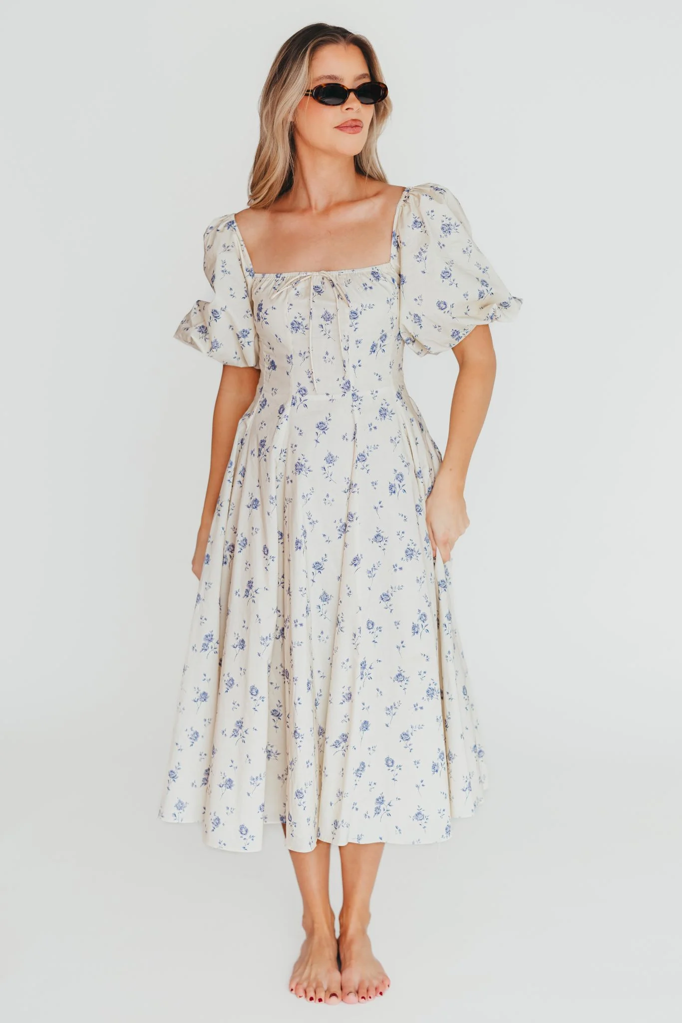 Olivia 100% Cotton Floral Printed Midi Dress in Ivory - Fashionser