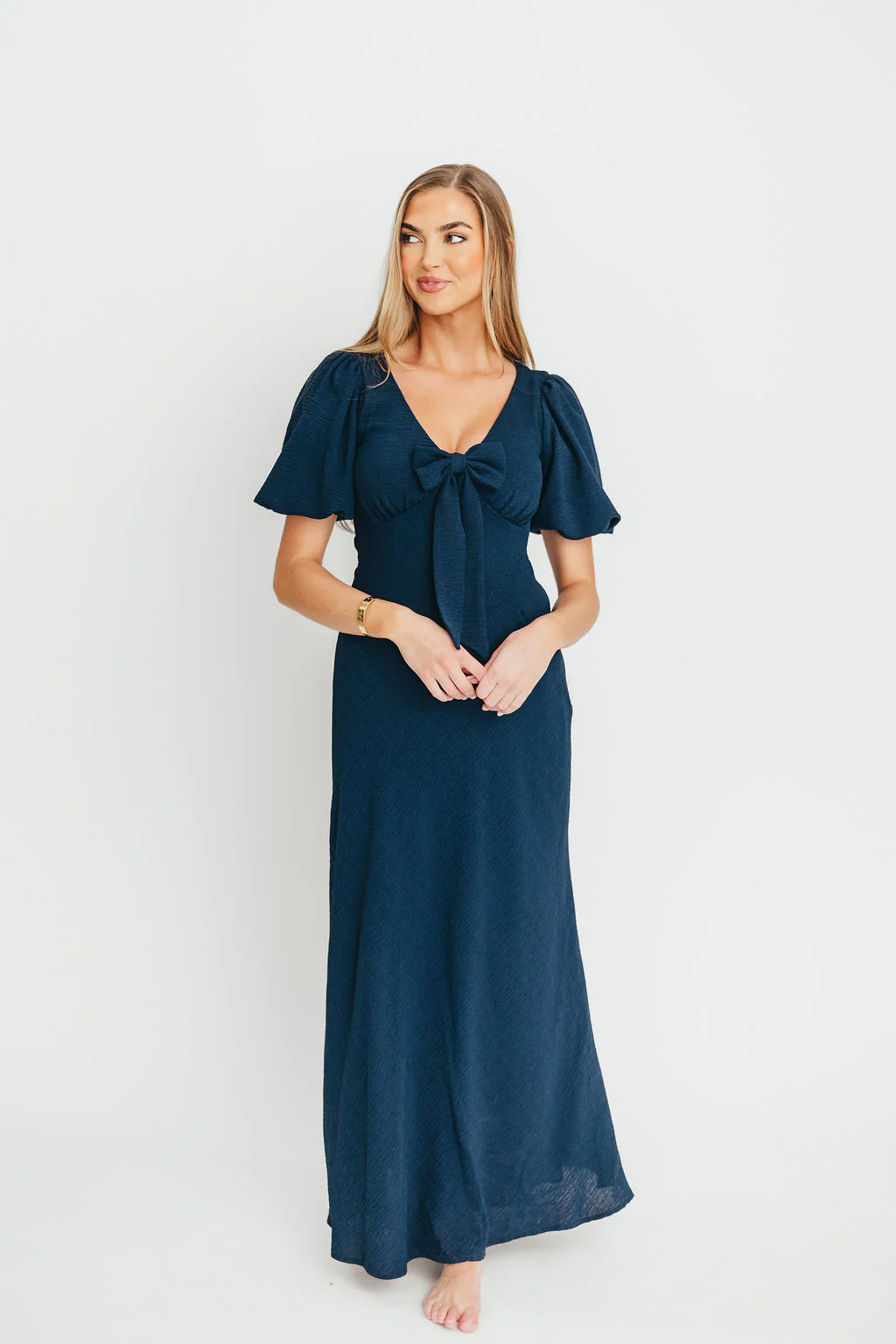 Selena Bow Front Maxi Dress in Navy - Fashionser