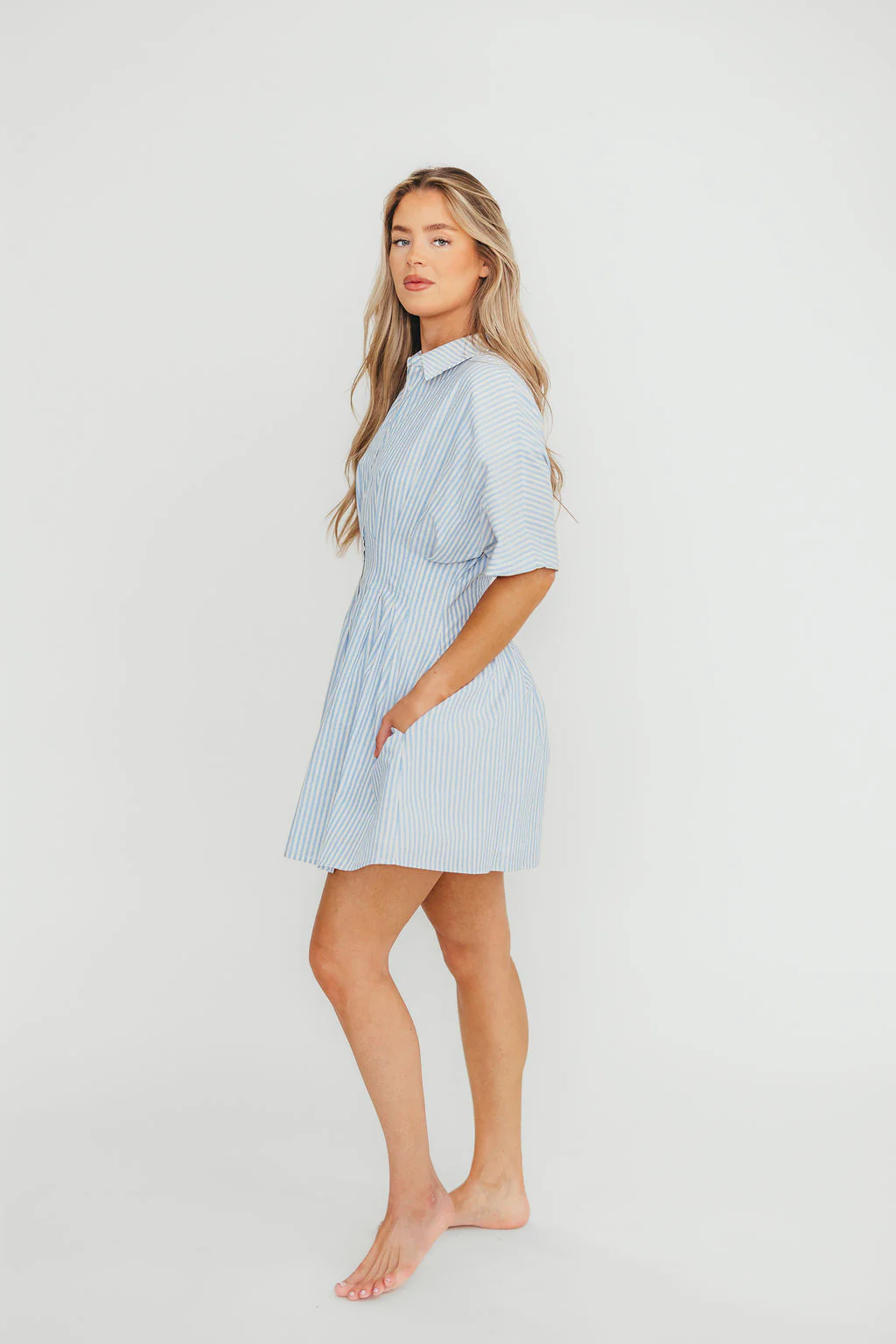 Jojo 100% Cotton Pleated Mini Shirt Dress in Blue - Fashionser