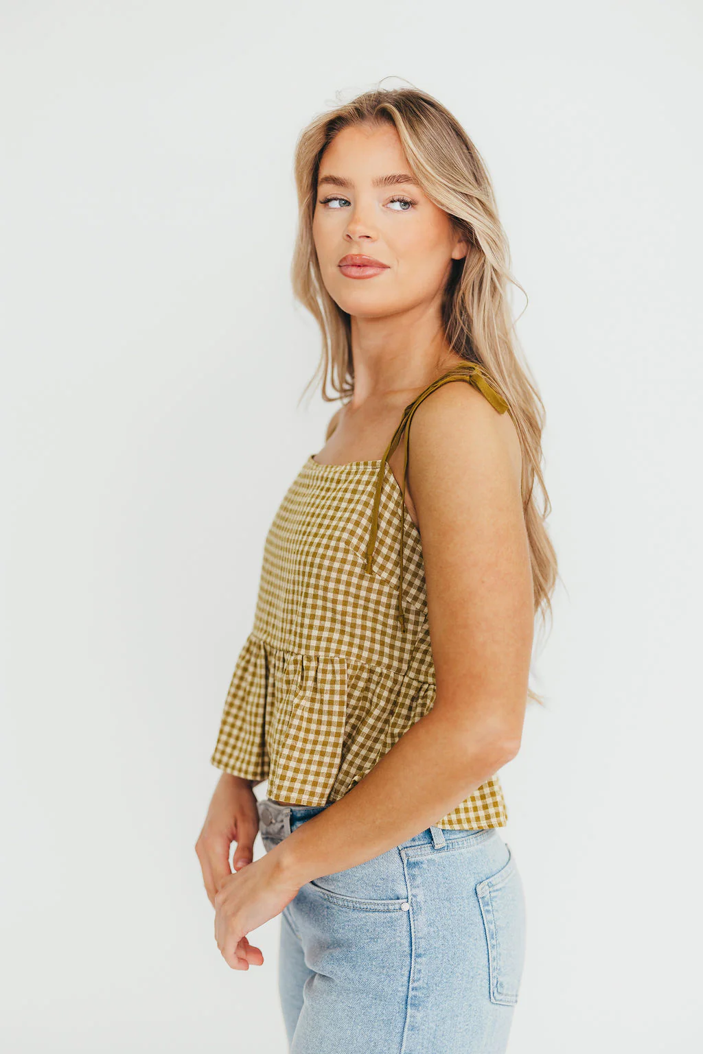 Vienna Gingham Pattern Top in Lemon Grass - Fashionser