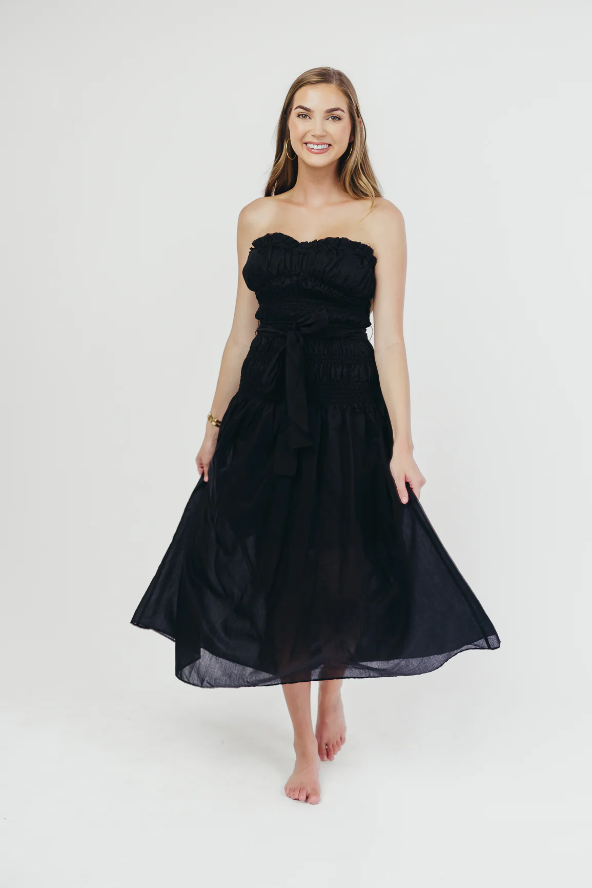 Devin Strapless Midi Dress with Sash in Black - Fashionser