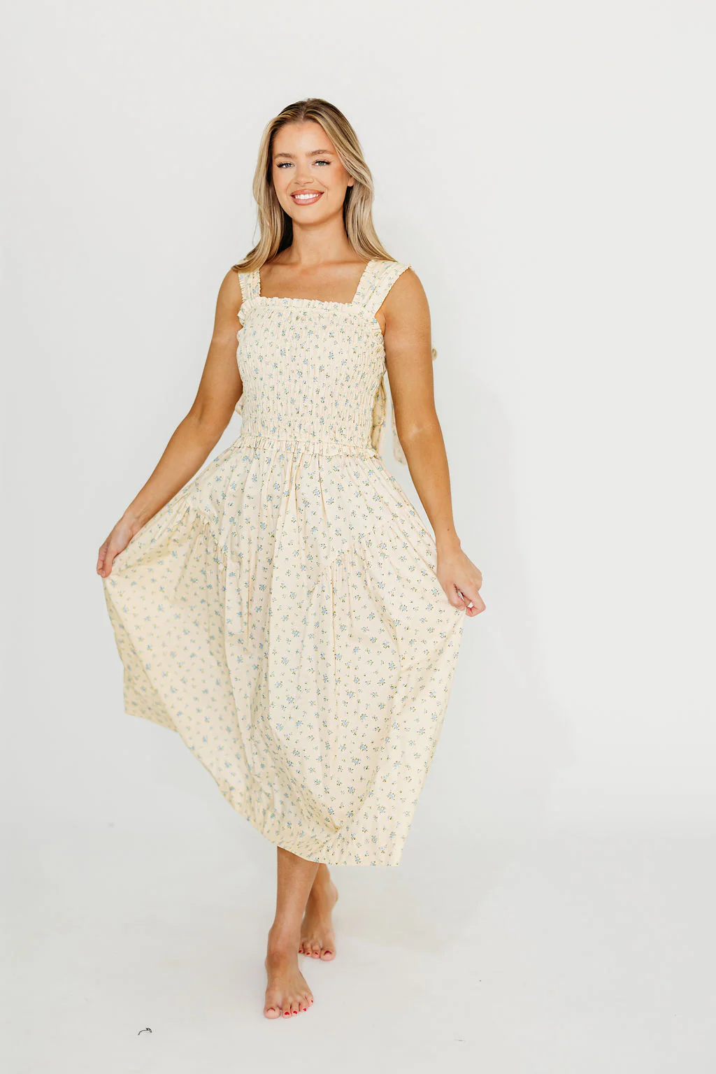 Ava 100% Cotton Smocked Midi Dress In Cream/Blue Floral - Fashionser