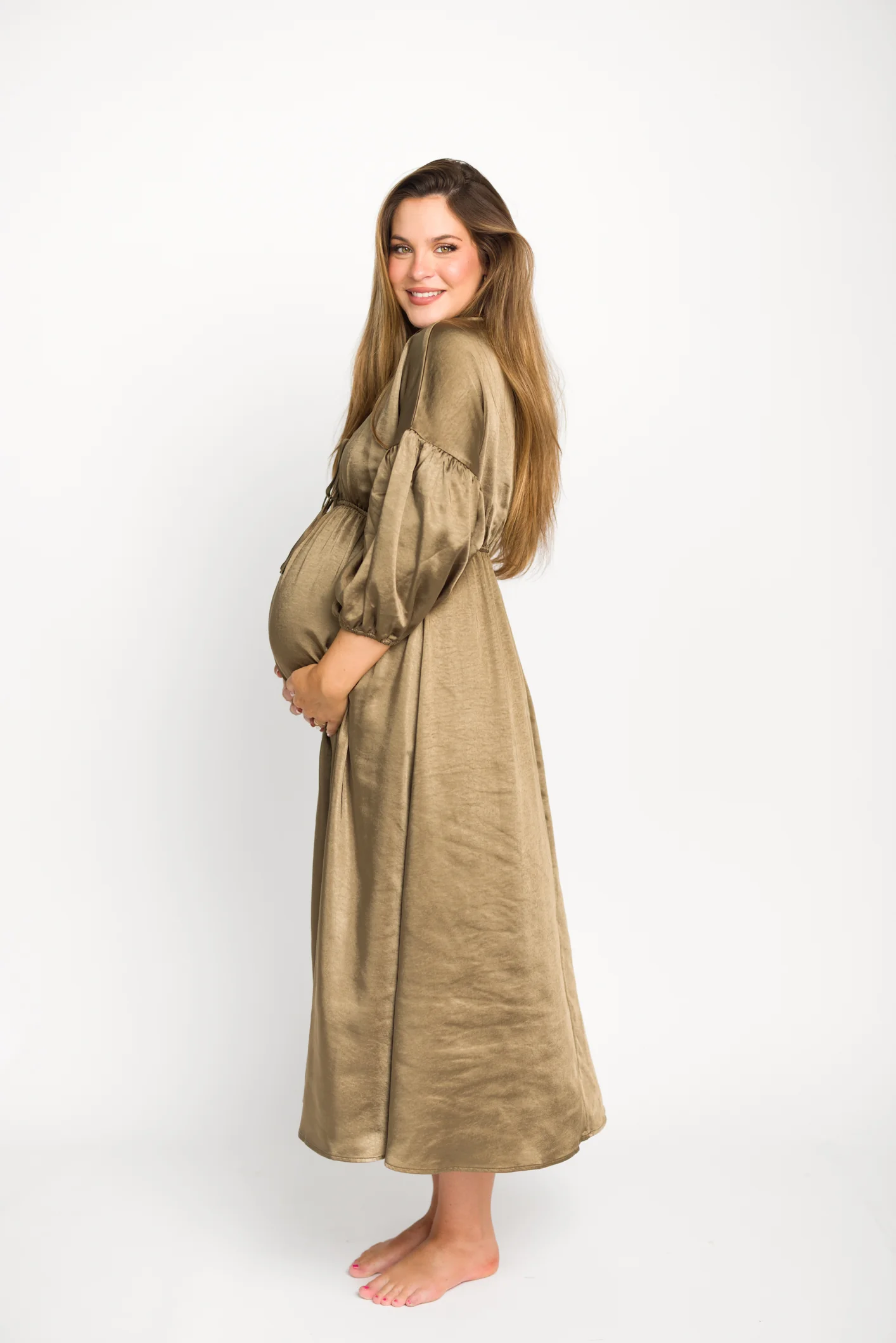 Hunter Premium *Satin* Midi Dress in Tapenade - Bump Friendly - Fashionser