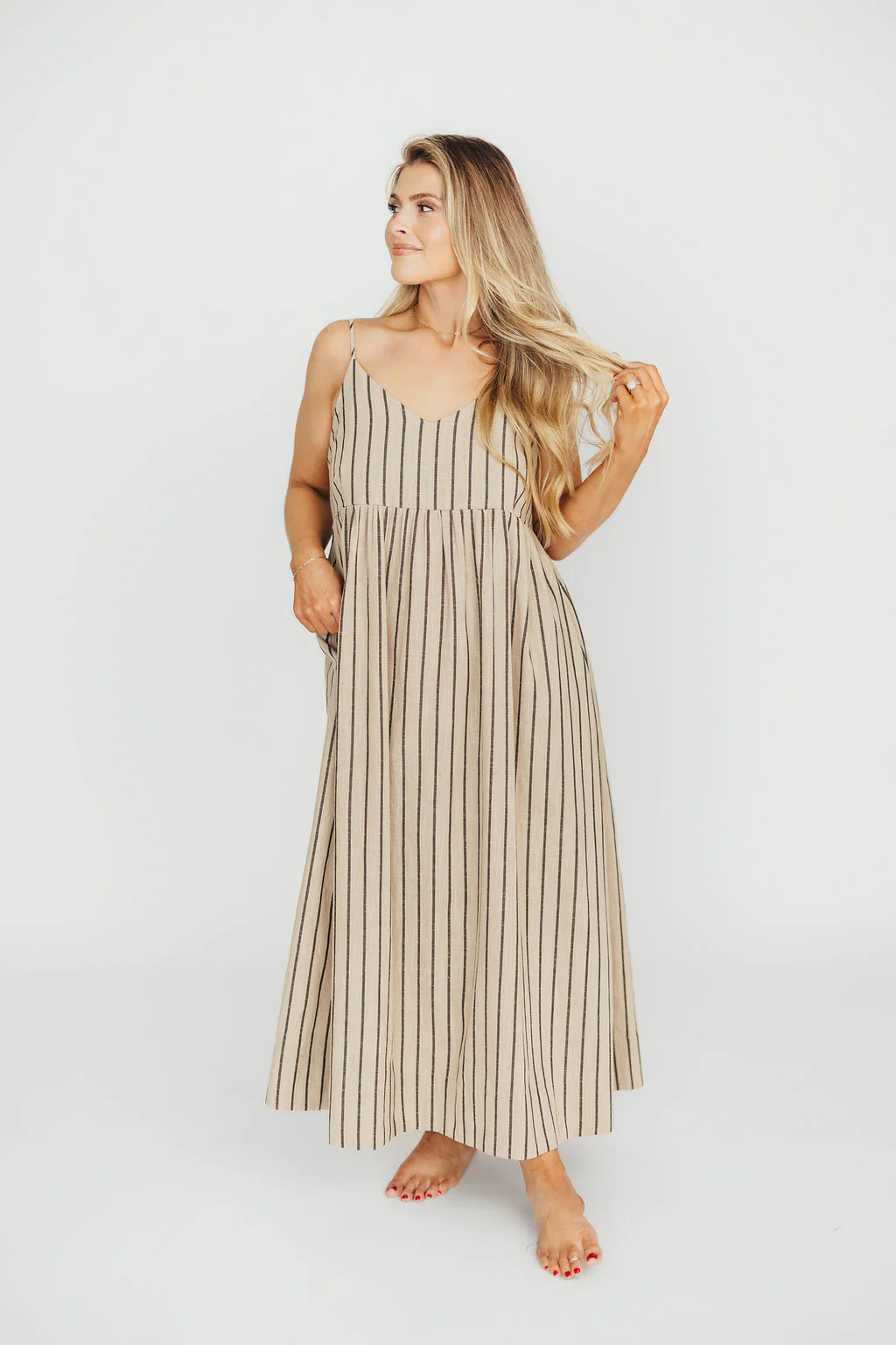 Carley Cotton & Linen Maxi Dress in Beige/Charcoal Stripe - Fashionser