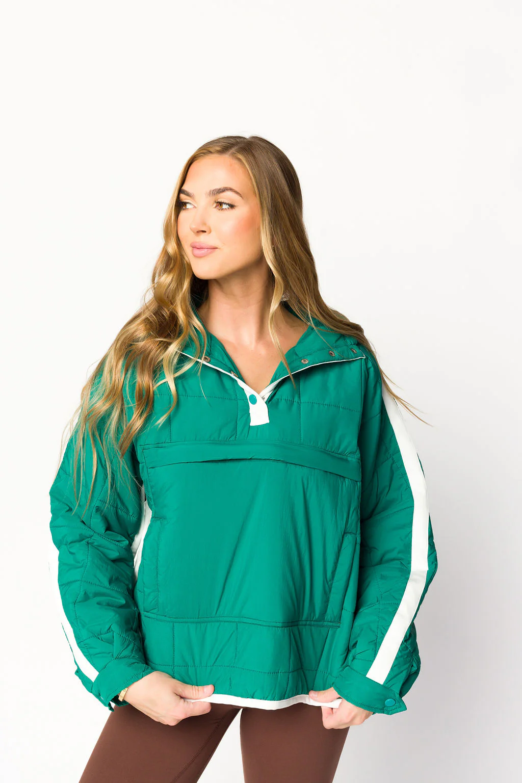 Joanna Quilted Puffer Pullover in Hunter Green/White - Fashionser