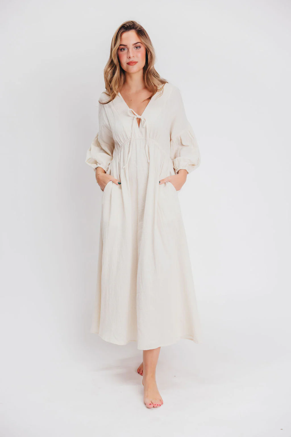 Hunter 100% Cotton Gauze Midi Dress in Soy - Bump Friendly (XS-XL) PRE-ORDER - Fashionser