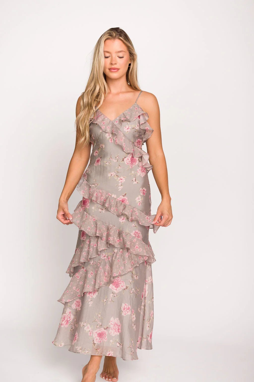 Amelia Ruffle Maxi Dress in Grey/Pink Floral - Fashionser