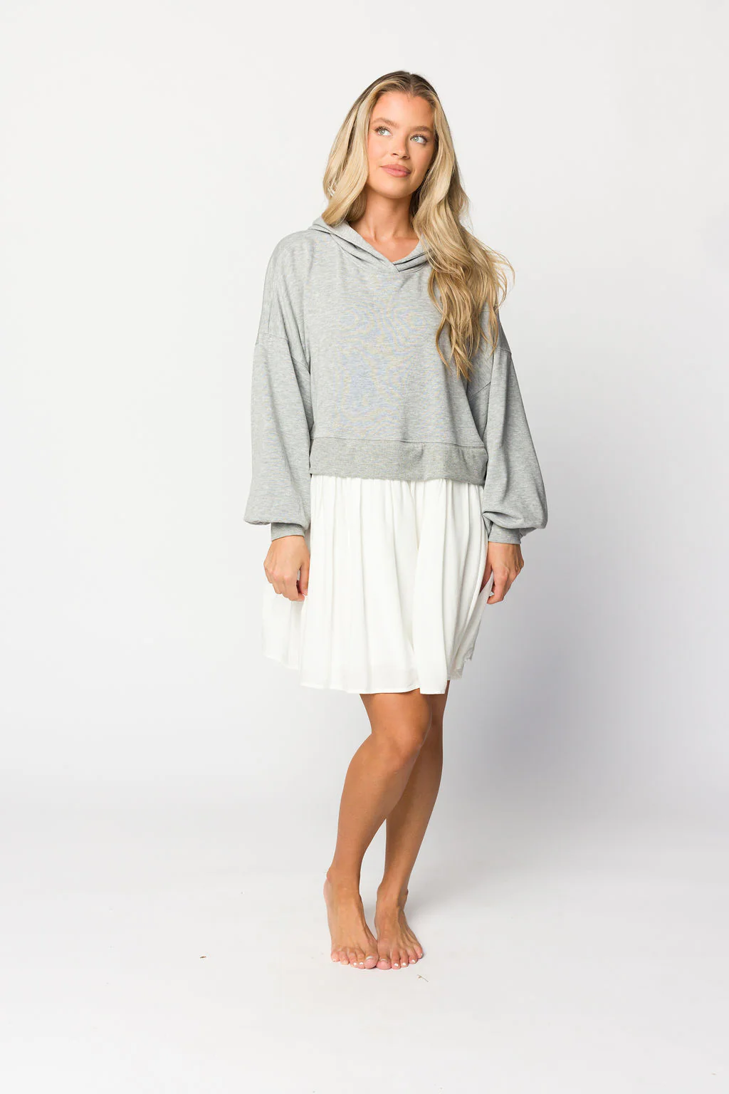 Caroline Hoodie/Babydoll Mini Dress in Heather Grey/Off-White - Fashionser