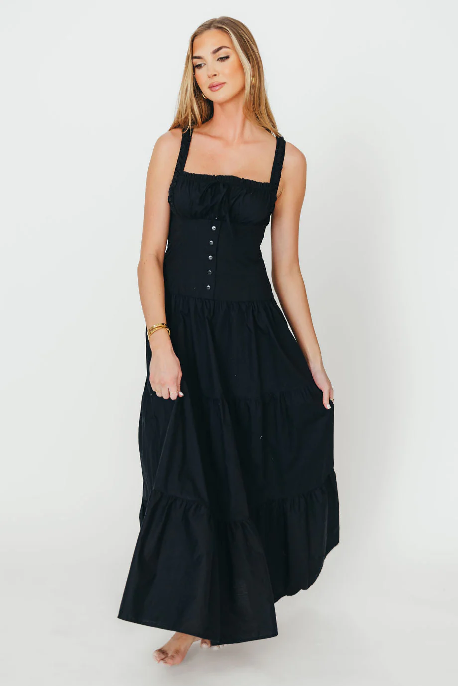 Sutton Corset Button Down Tiered Maxi Dress in Black - Fashionser
