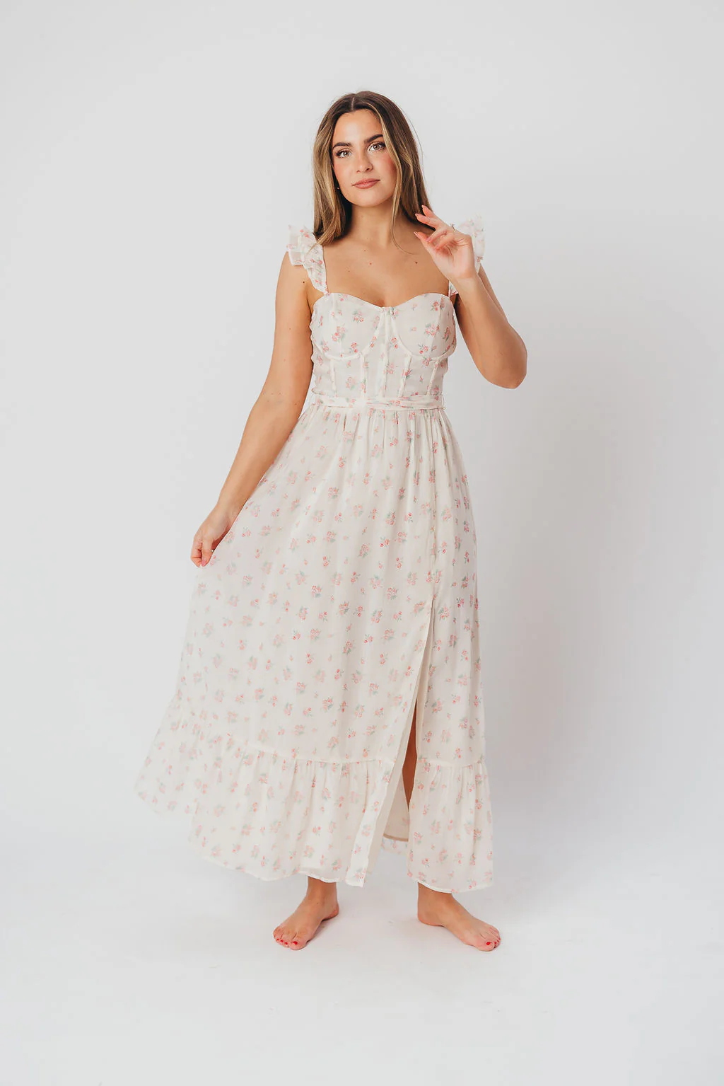 Rosamund Bustier-Style Maxi Dress in Blush Pink Floral - Inclusive Sizing (S-3XL) - Fashionser