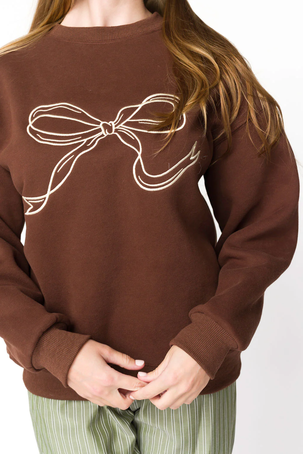 Claire Embroidered Bow Sweatshirt in Chocolate - Fashionser
