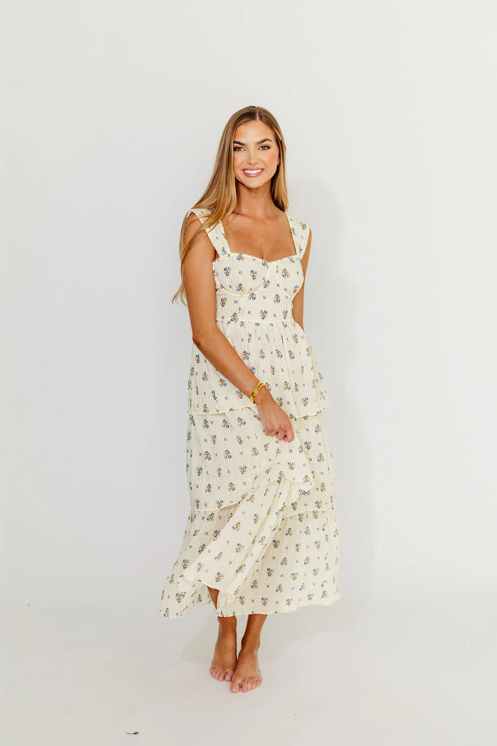 Marjorie Bustier Ruffle Layered Maxi Dress in Cream/Blue Floral - Fashionser