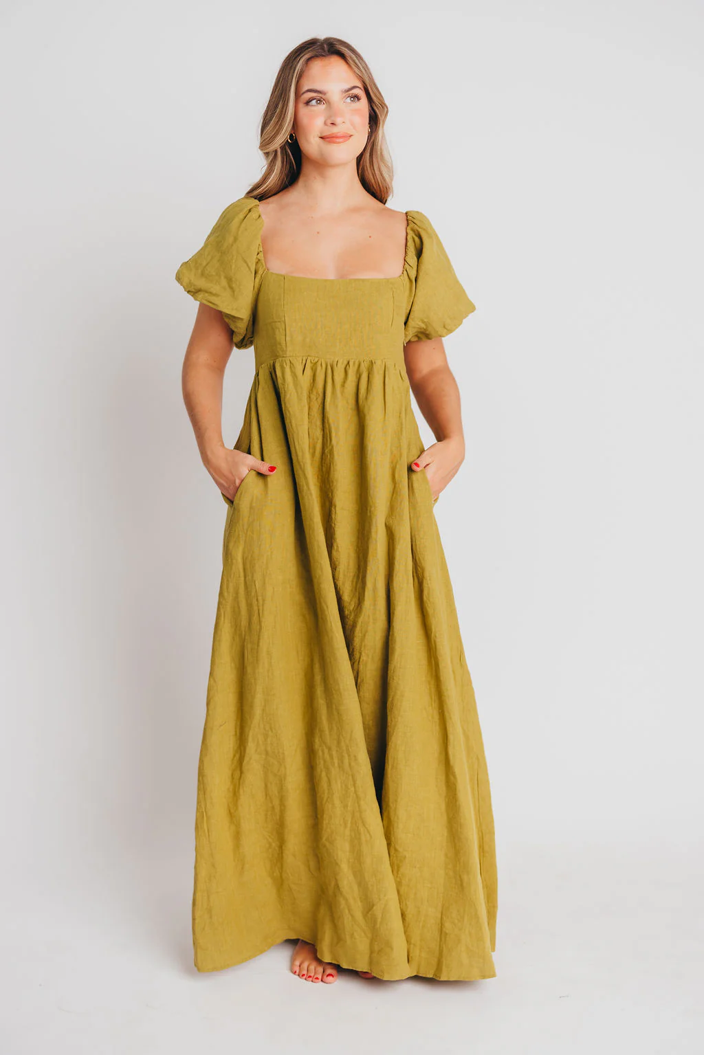 Candace Maxi Dress in Olive - 100% Linen - Bump Friendly - Fashionser