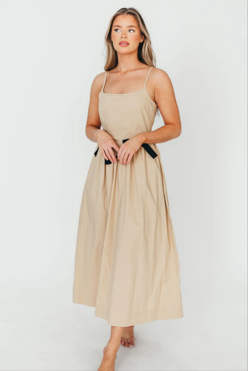 Celeste Square Neck Midi Dress with Bow Detail in Khaki - Fashionser