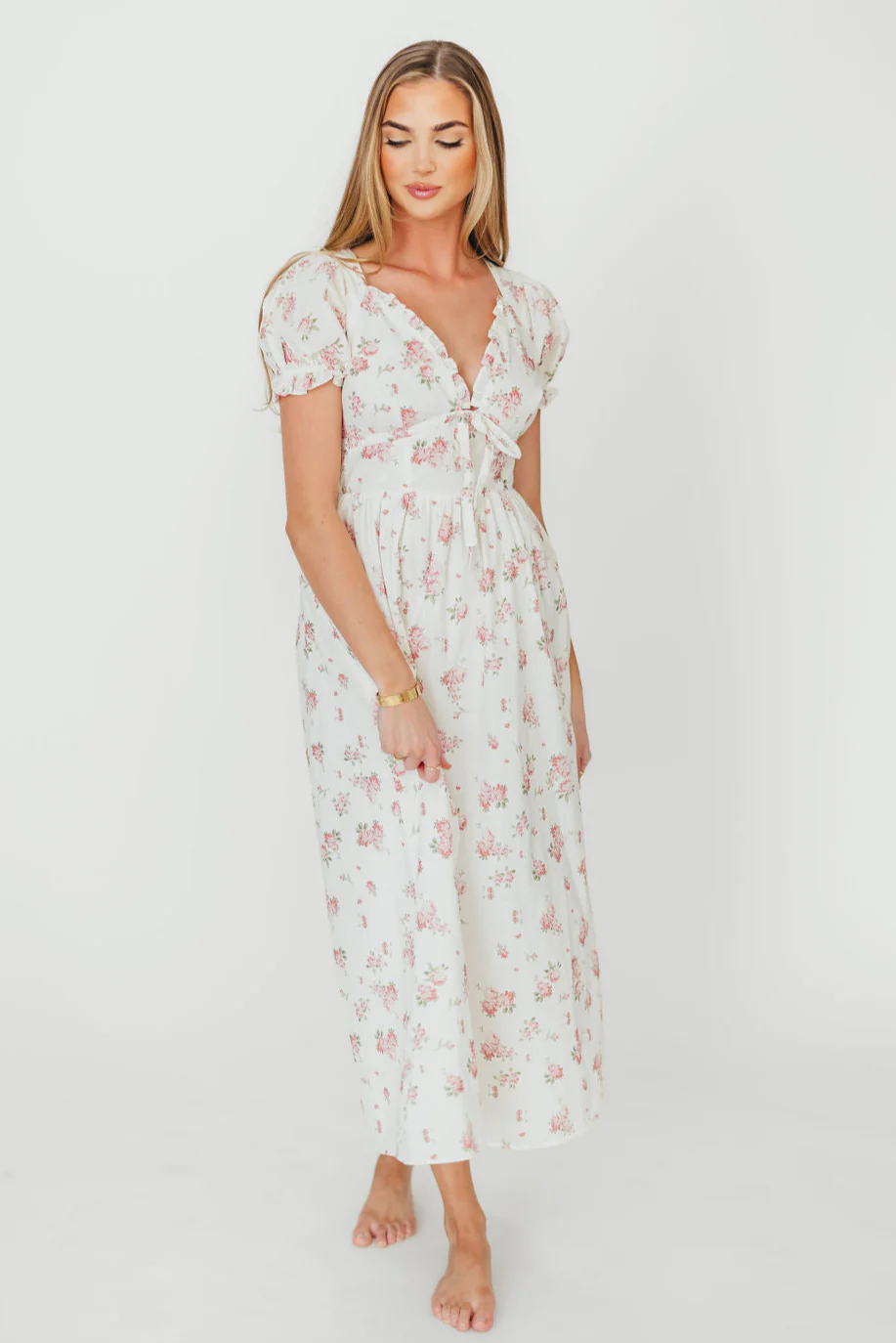 Sophia Midi Dress in White/Pink Floral - Fashionser