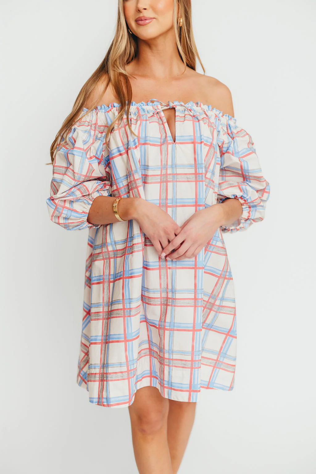 Inaya 100% Cotton Puff Sleeve Babydoll Mini Dress in Blue Multi - Fashionser