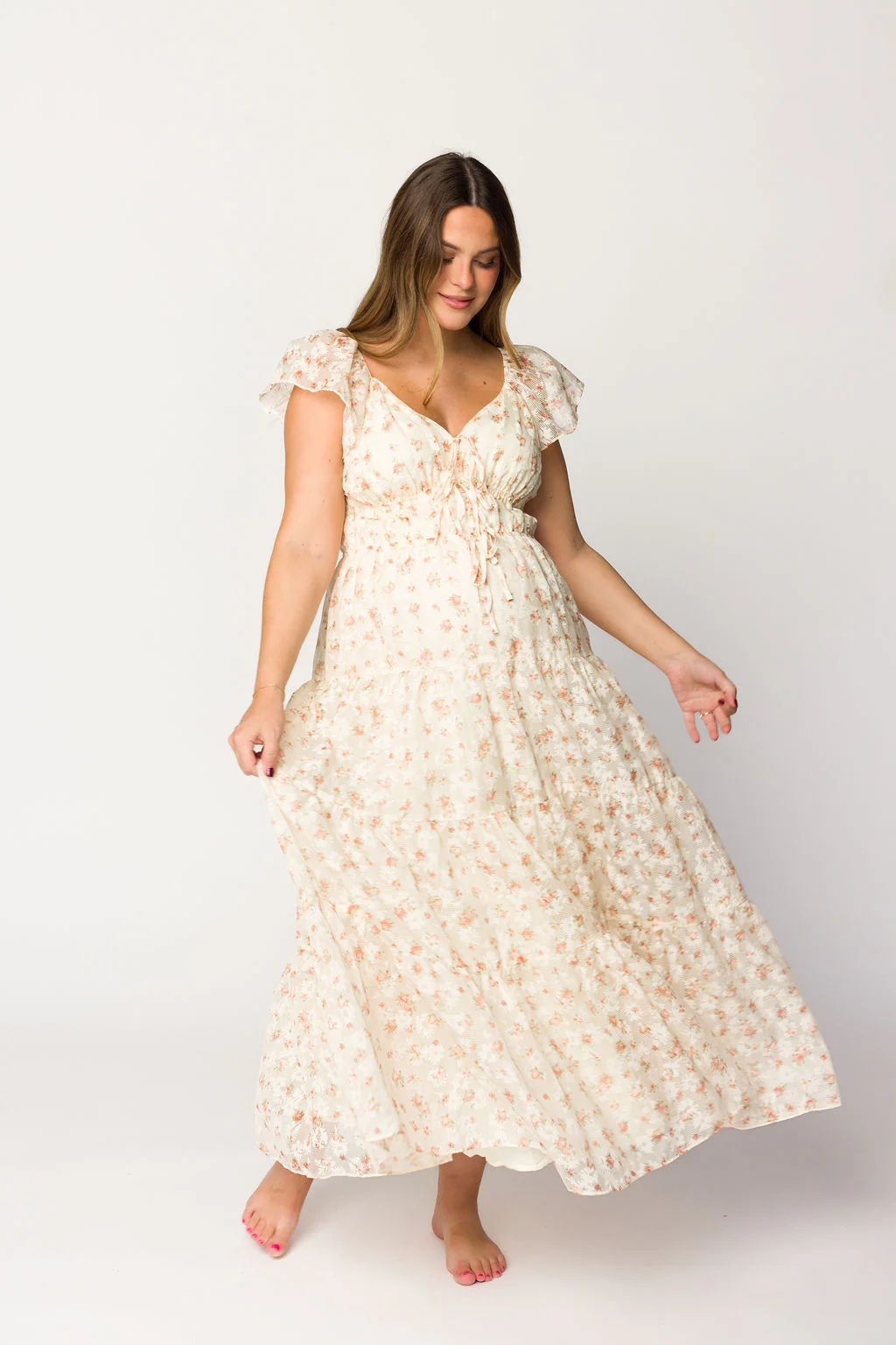 Charming Floral & Gingham Ruffled Maxi Dress in Cream/Peach Floral - Fashionser
