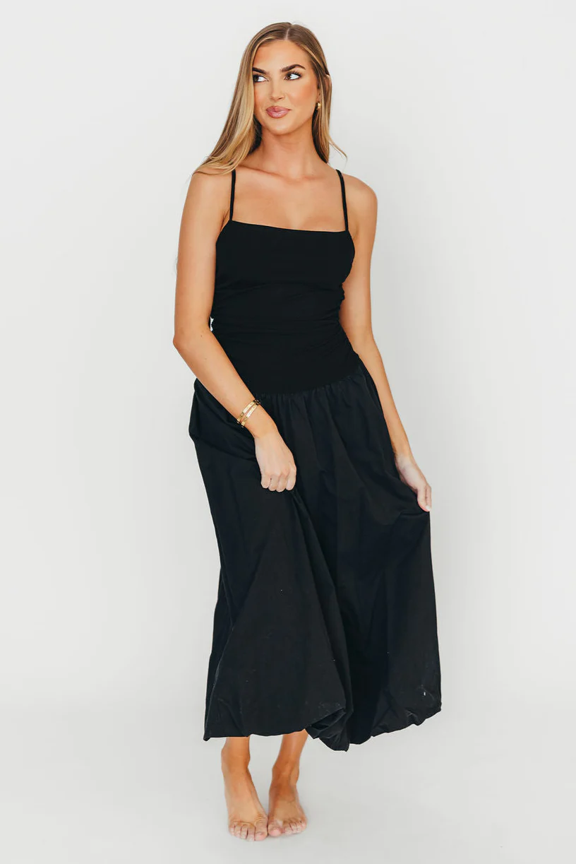 Henley Bubble Hem Midi Dress in Black - Fashionser