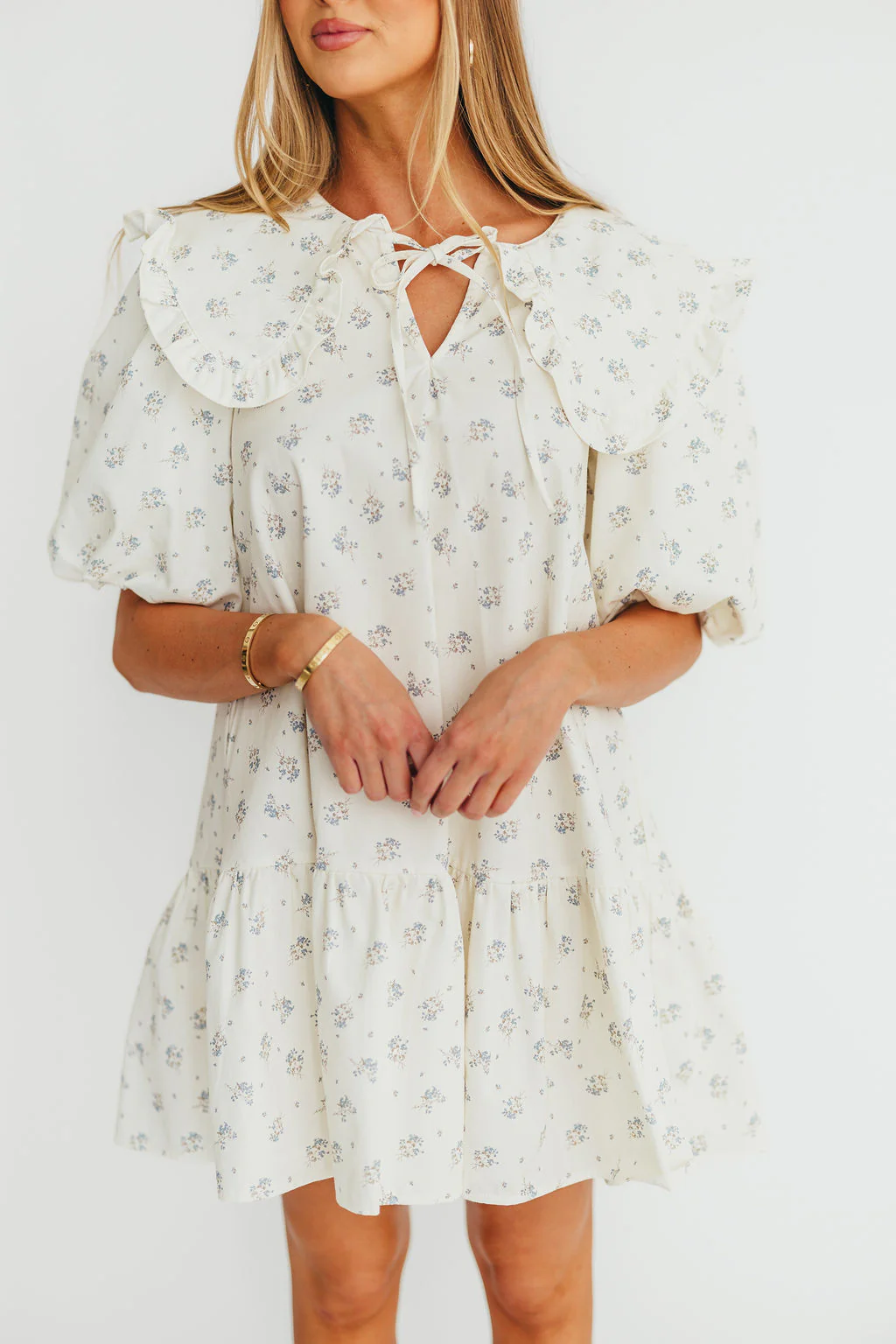 Cecile Denim Mini Dress with Collar in Natural/Blue Floral - Fashionser