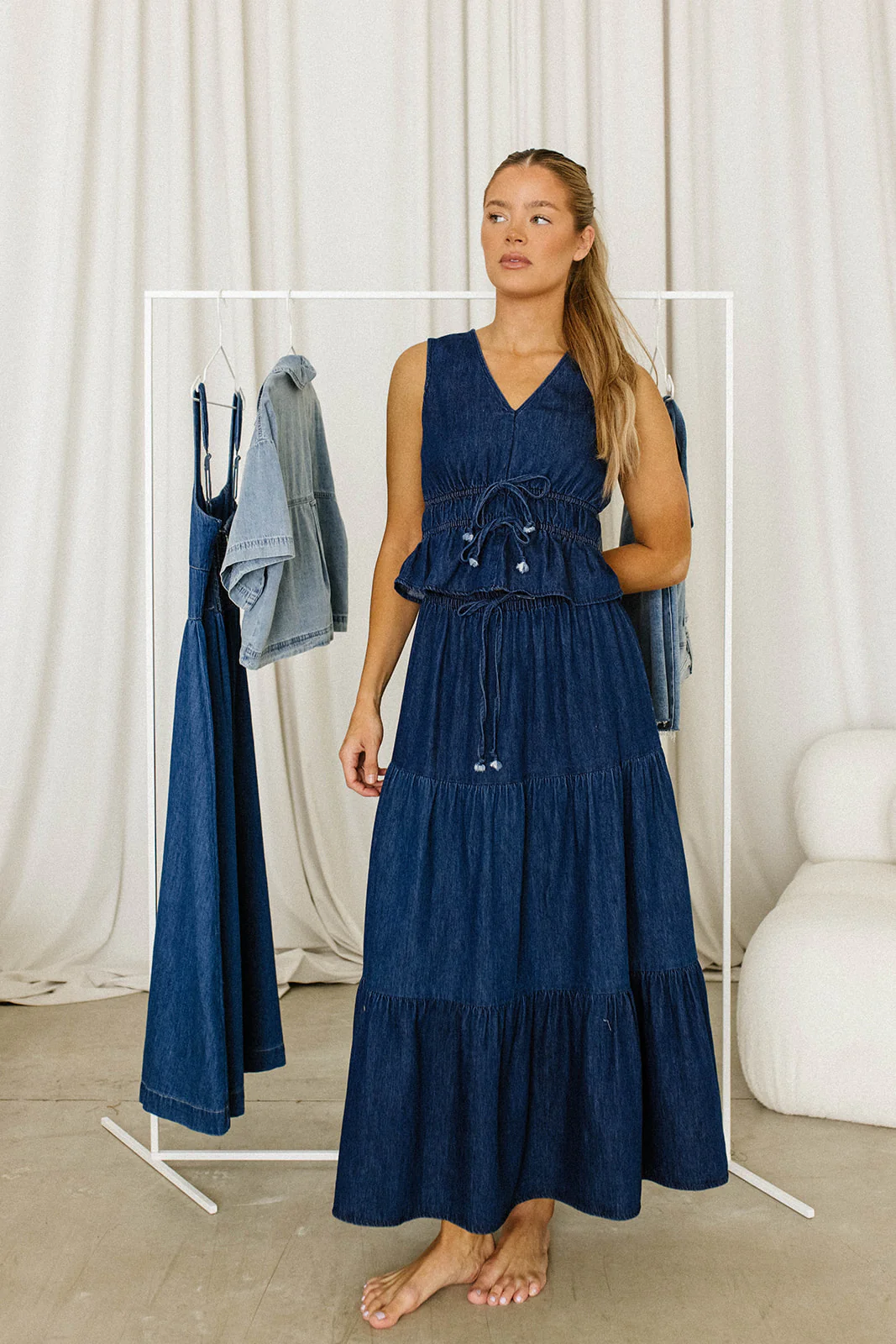 Noah 100% Cotton Peplum Top and Midi Skirt Set in Denim - Fashionser