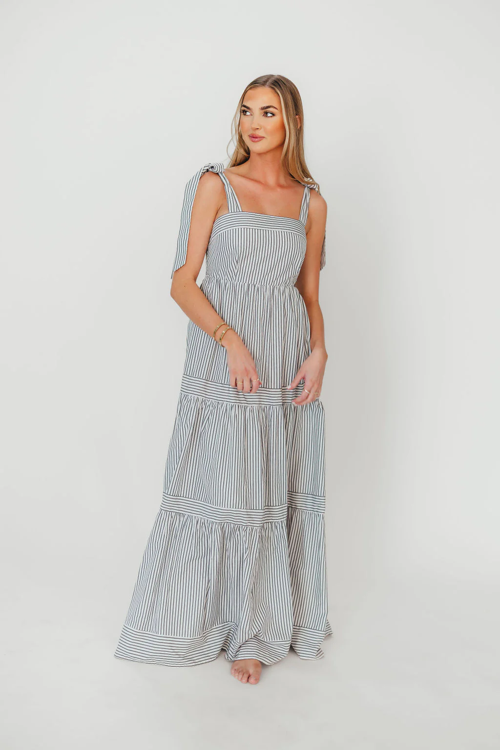 Emma Tie Strap Maxi Dress in Navy Blue Stripe - Fashionser