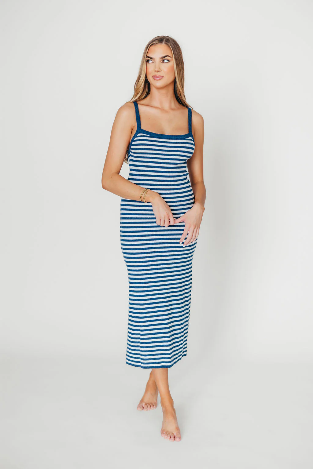 Rhode Striped Bodycon Midi Dress in Ivory/Navy - Fashionser