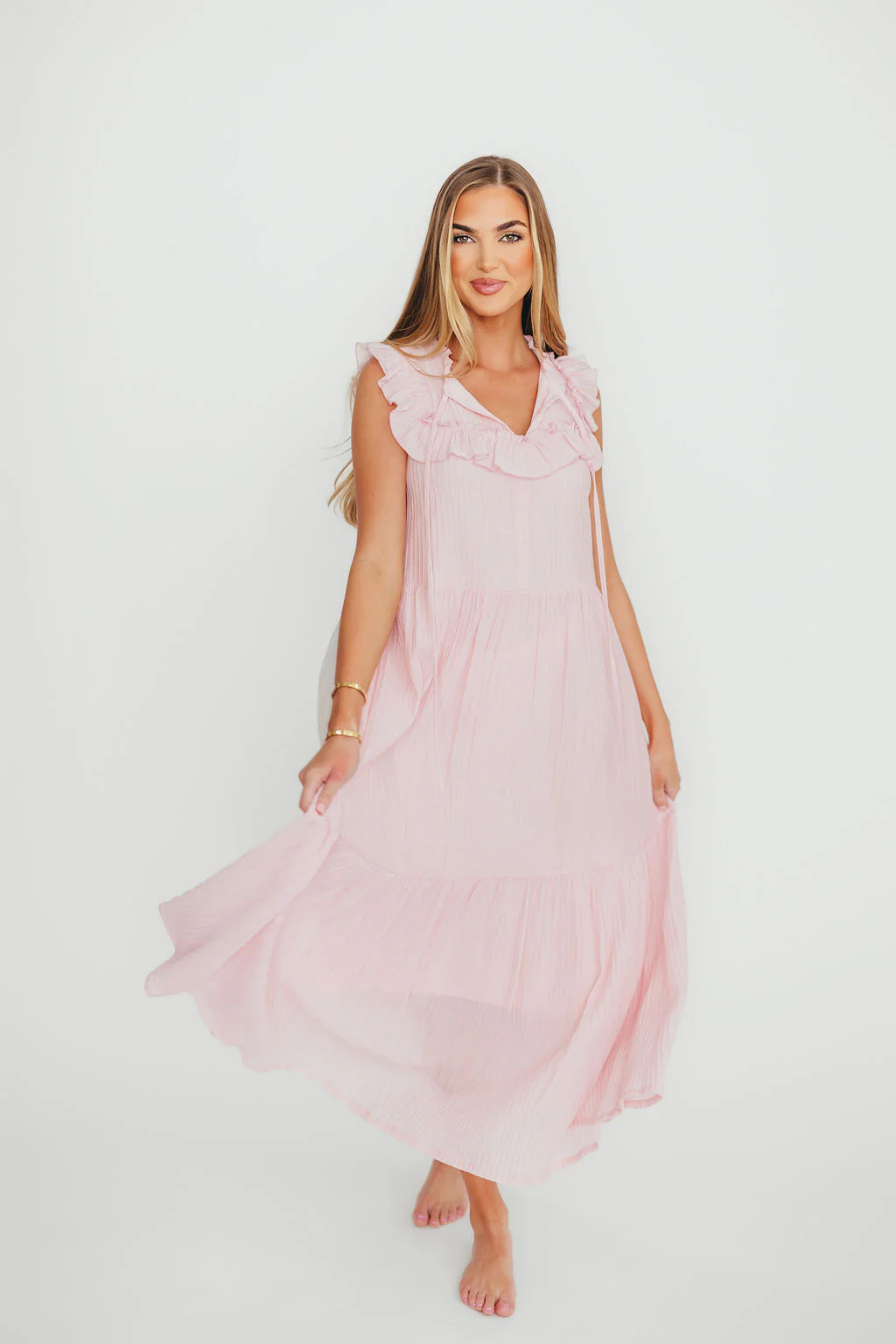 Brynn Ruffle Tiered Midi Dress in Pink - Fashionser