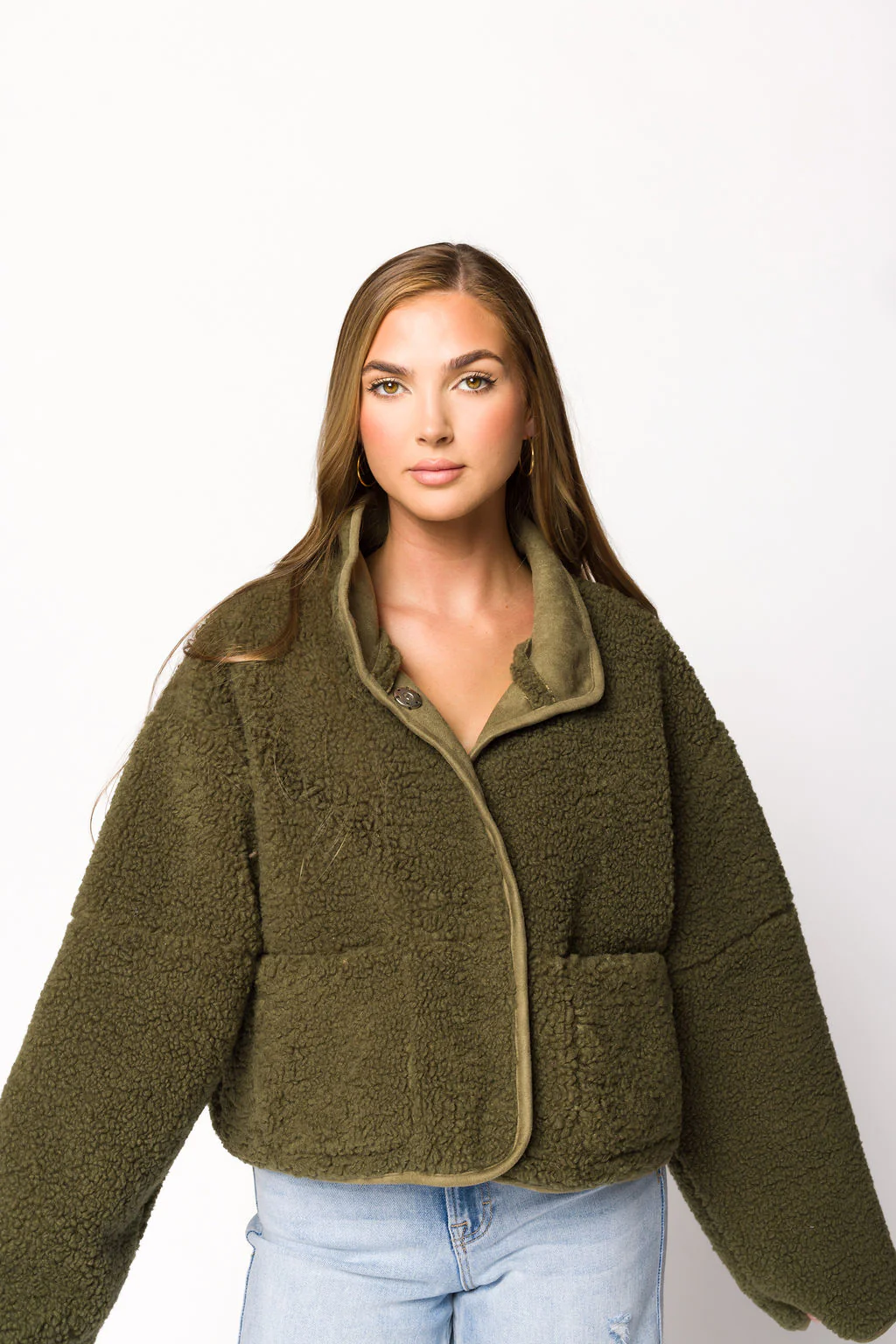 Abby Sherpa and Suede Reversible Jacket in Olive - Fashionser