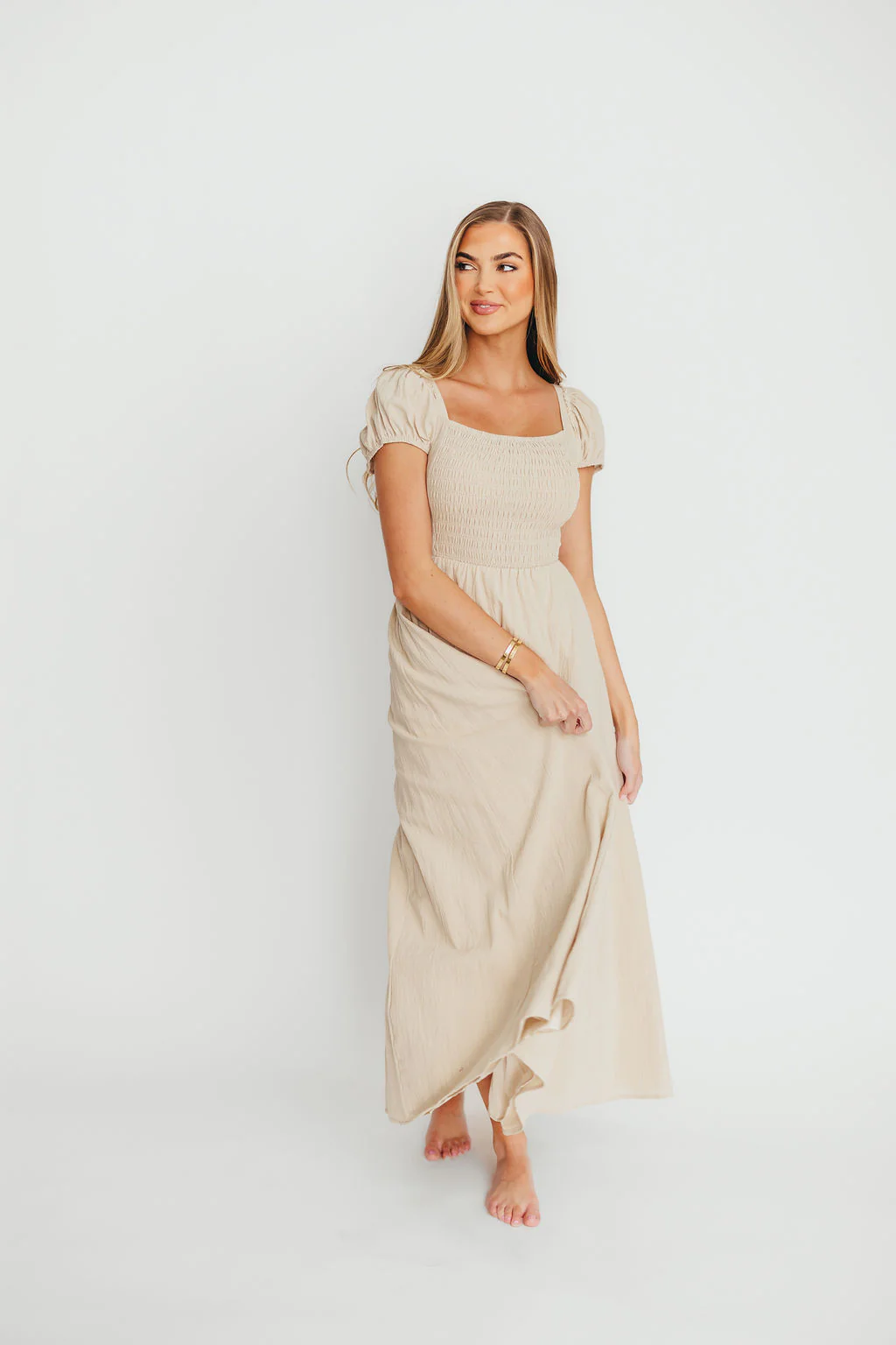 Anastasia 100% Cotton Criss-Cross Back Maxi Dress in Beige - Fashionser