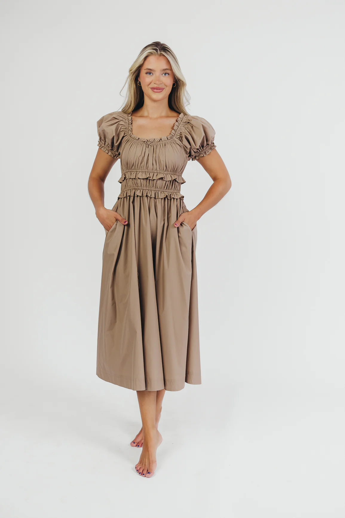 Raquel Cotton-Poplin Midi Dress in Dark Natural - Bump Friendly - Fashionser