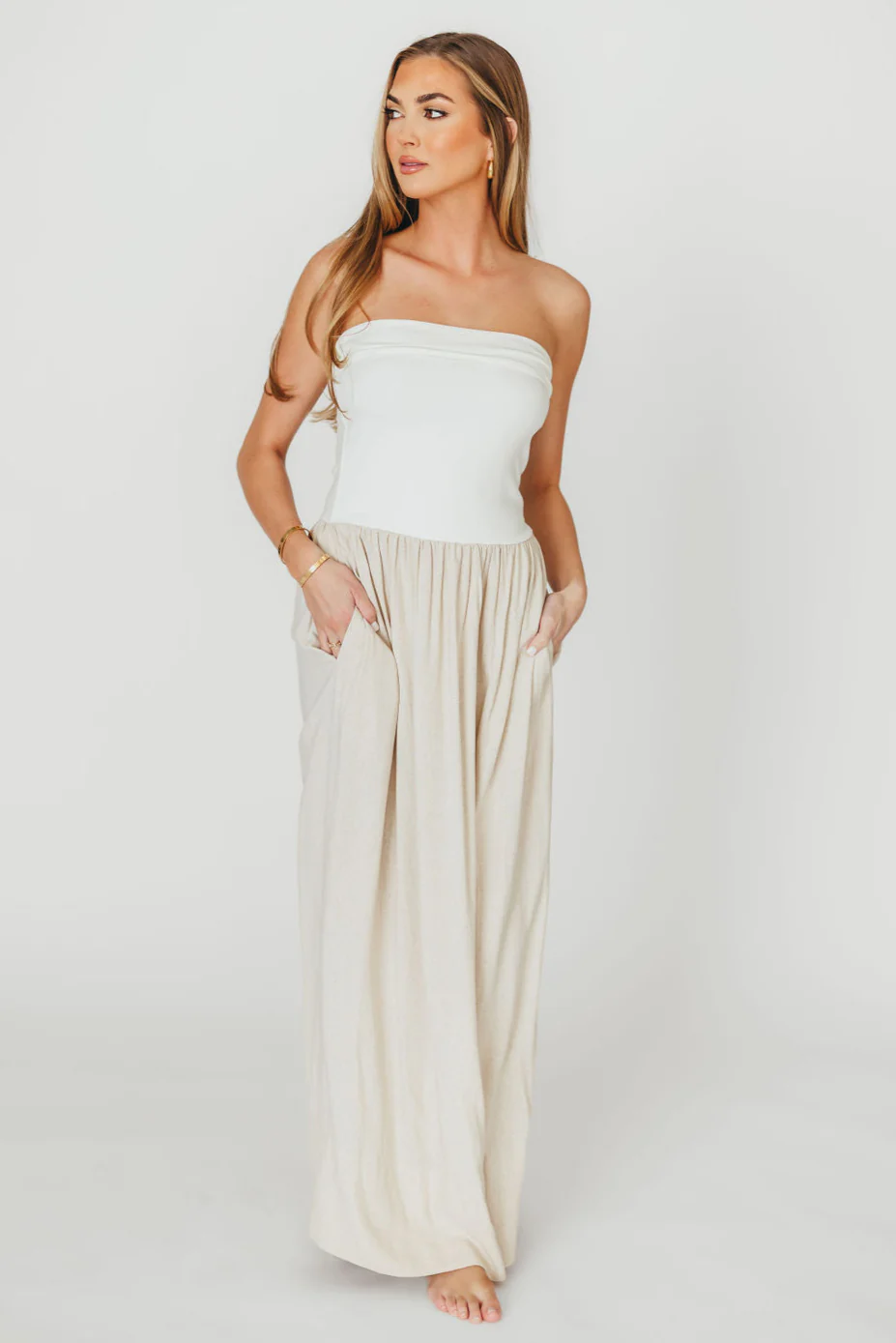 Kaylee Linen and Ribbed Knit Maxi Dress in White/Oatmeal - Fashionser