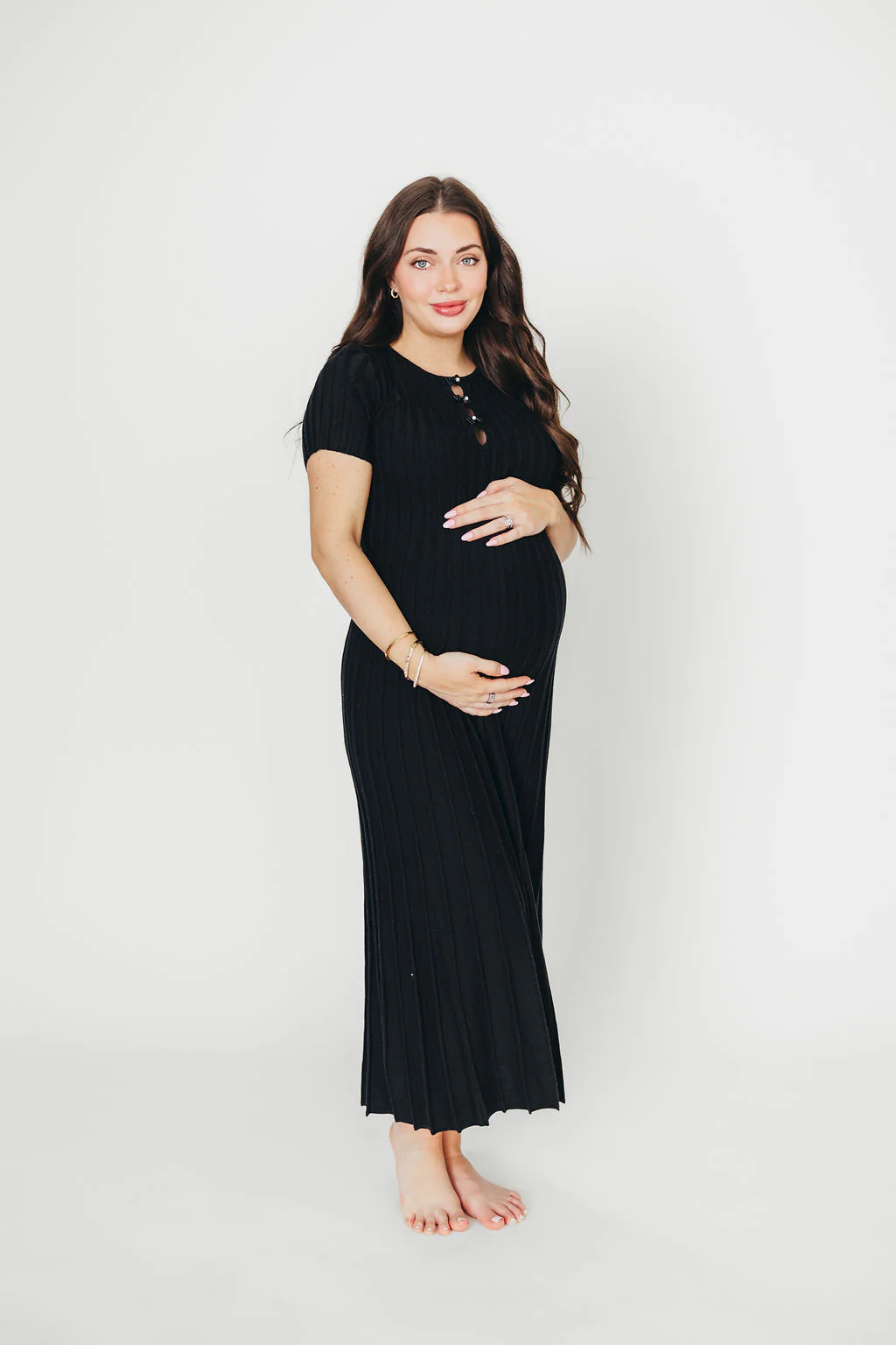 Winnie Front Bow Button Knit Midi Dress in Black - Bump Friendly - Fashionser