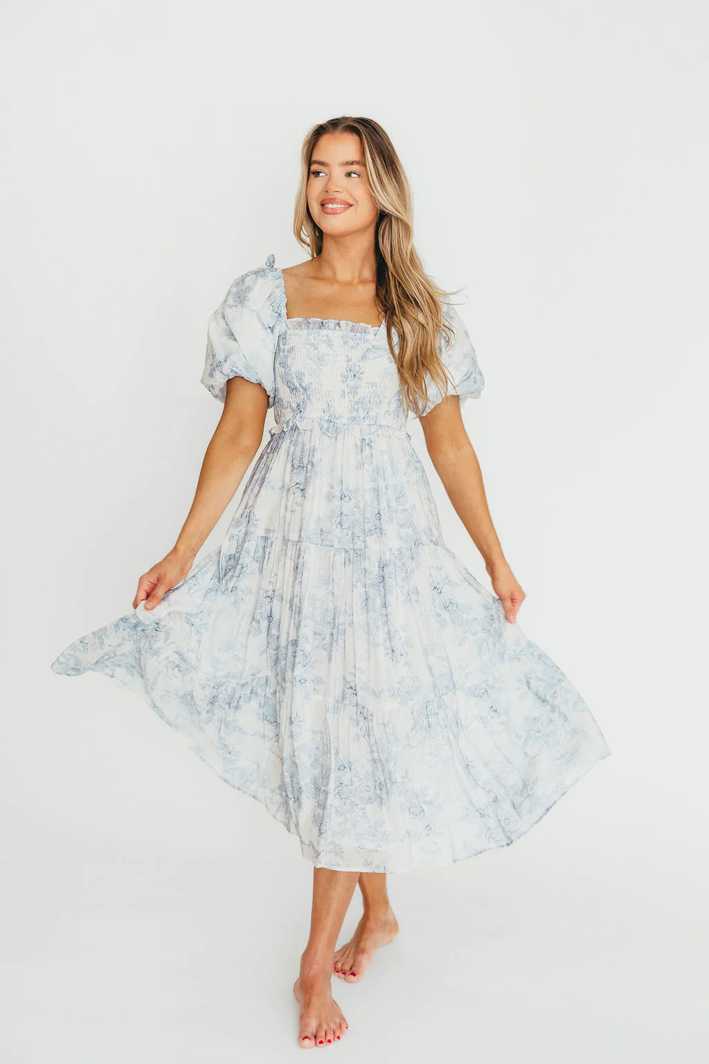 Elena Floral Print Smocked Midi Dress in Blue Floral- Bump Friendly - Sold Out Sizes Restock 4/19 - Fashionser