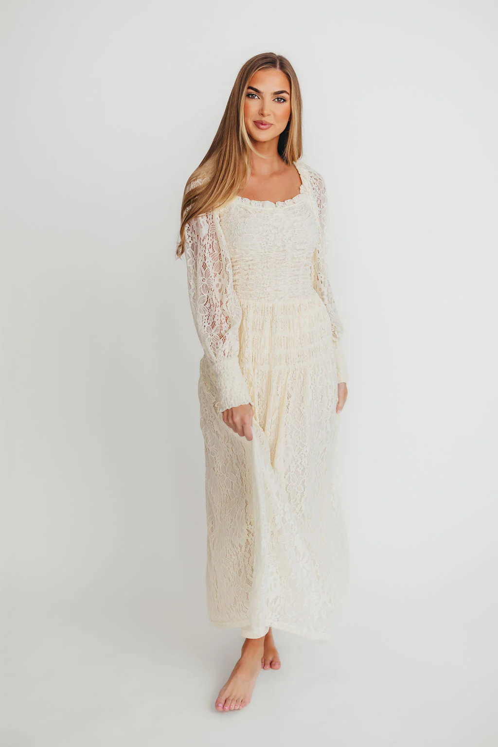 Adaline Vintage Lace Smocked Maxi Dress in Cream - Fashionser