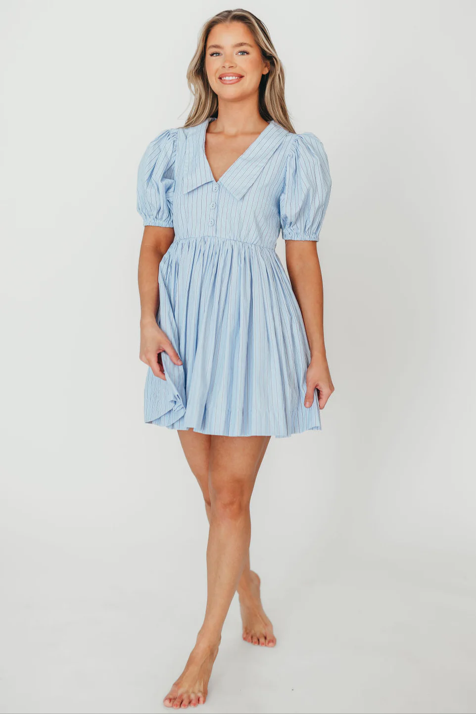 Camilla Pinstripe Collared V-Neck Mini Dress in Blue - Fashionser