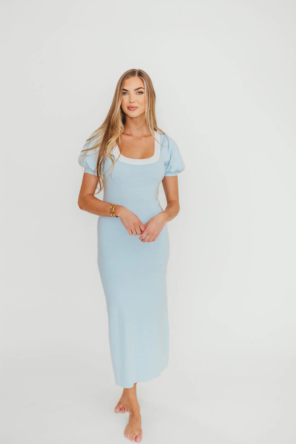 Mary Kate Bow Shoulder Sweater Maxi Dress in Sky/White - Fashionser
