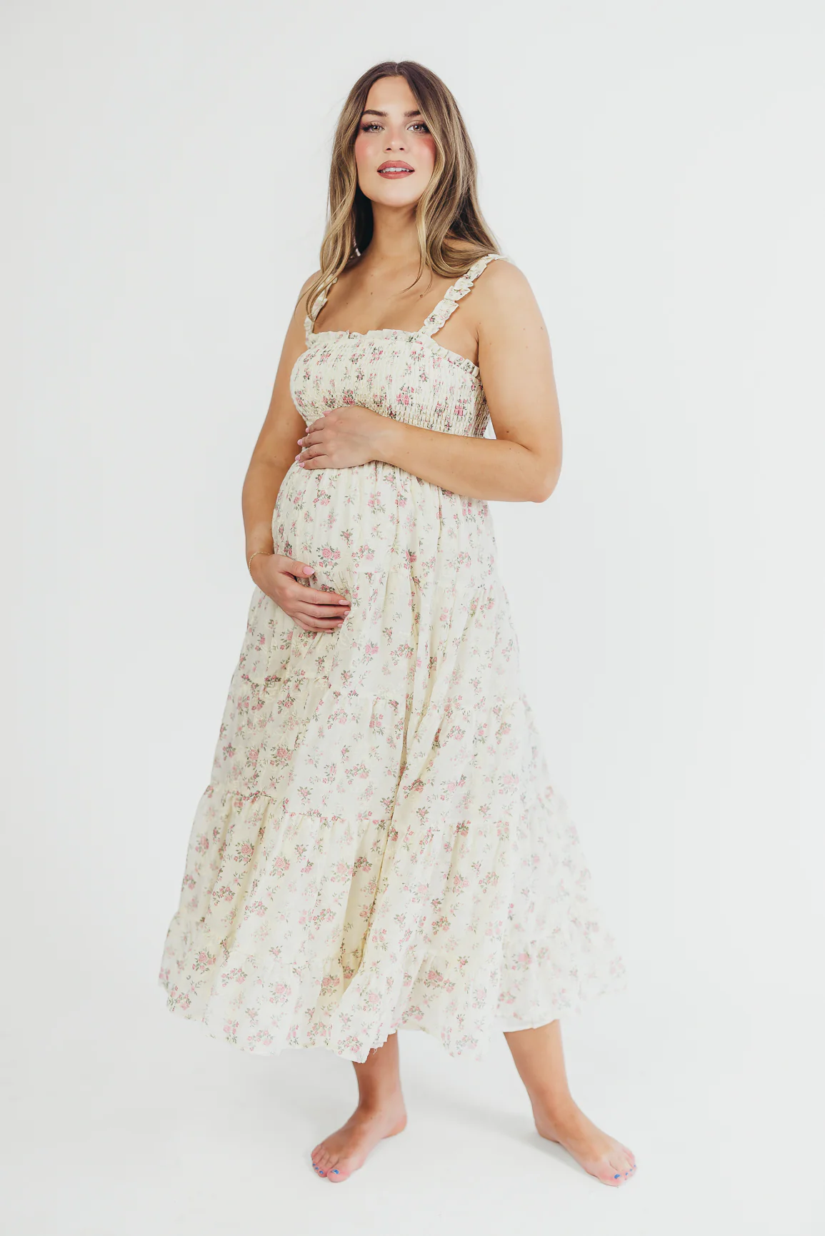 Ryan Ruffle Midi Dress with Embroidered Detail in Cream/Pink Floral - Fashionser