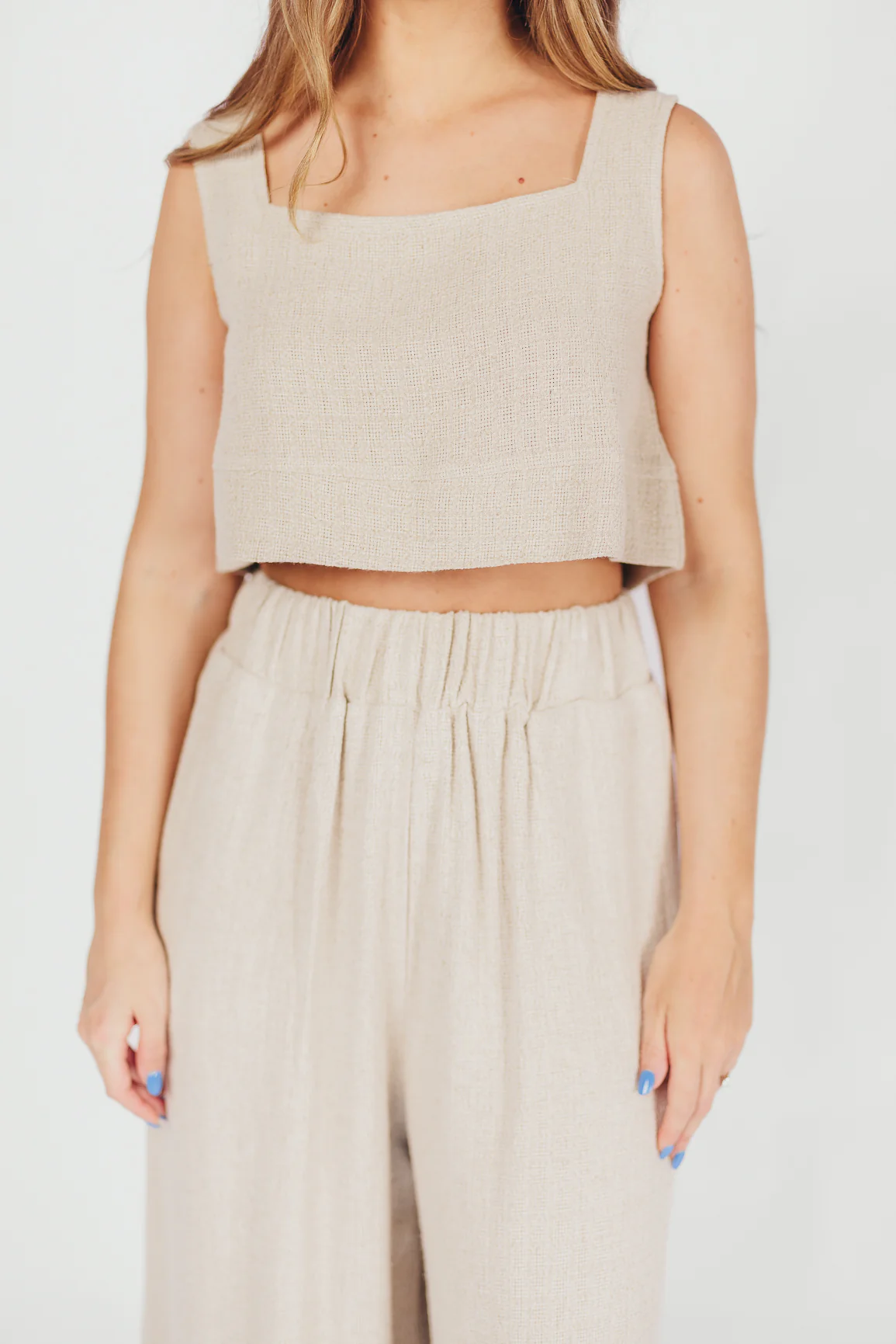 Christy Linen-Blend Sleeveless Cropped Top in Sand - Fashionser