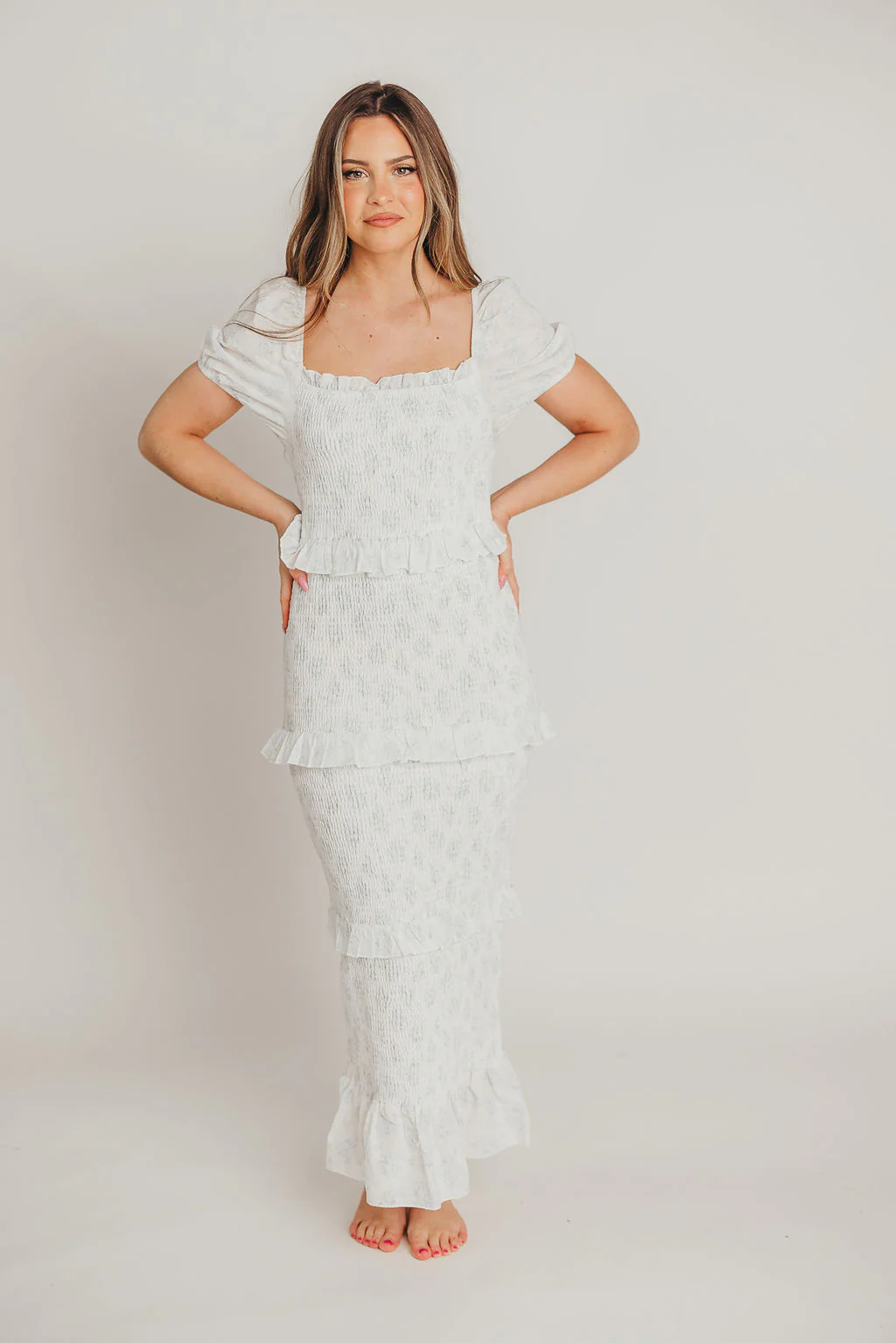 Ada Smocked Dress in Blue Floral - Bump Friendly & Inclusive Sizing (S-3XL) - Restocking End of April - Fashionser