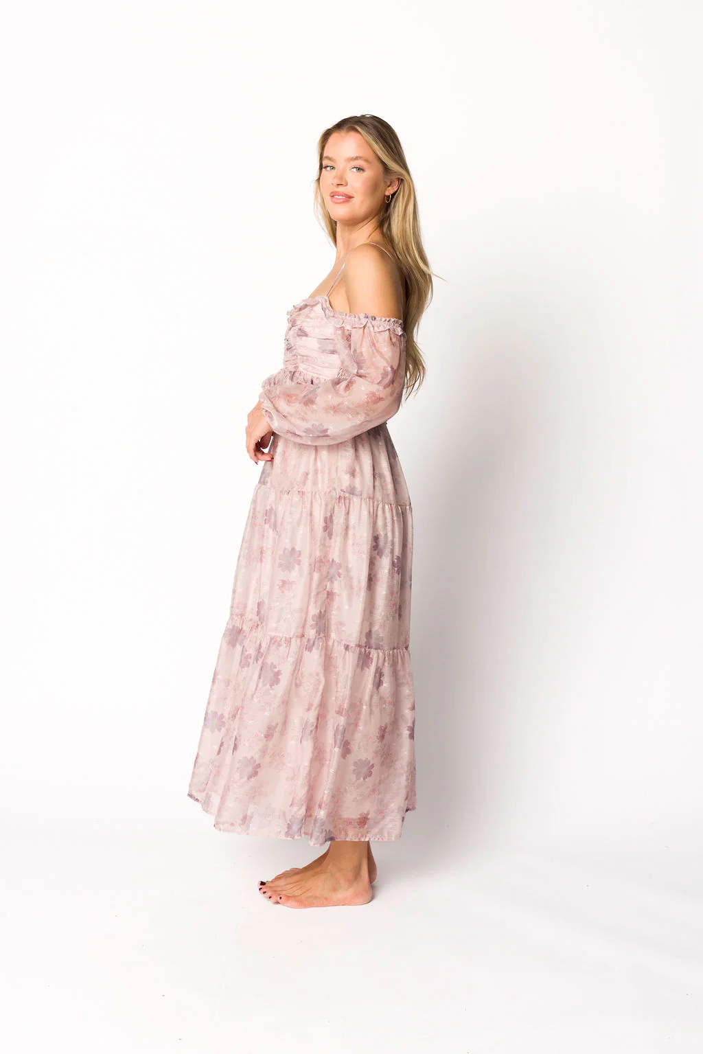 Atlas Rouched Midi Dress in Purple/Blush Floral - Fashionser